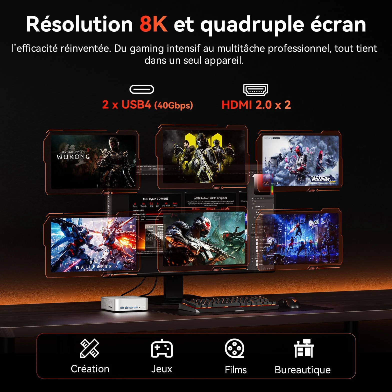 GEEKOM AI Mini PC A7Max 2026 Edition AMD Ryzen 9 7940HS Radeon 780M 1To SSD 16Go DDR5 RAM 2x2.5GbE USB4 Windows 11 Pro