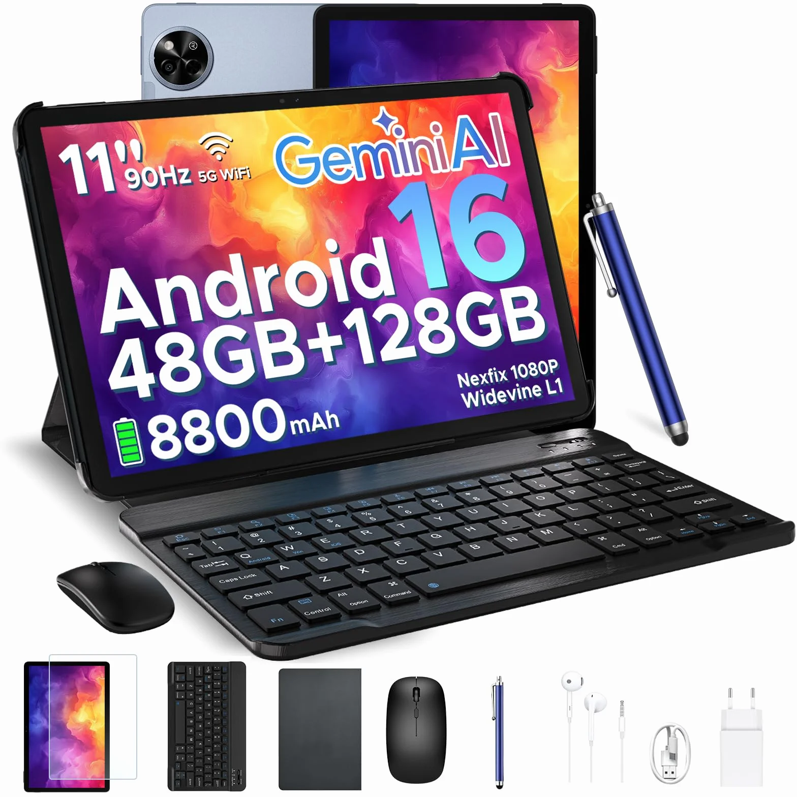 Tablette 11 Pouces Gemini AI Android 16, 48Go RAM 128Go ROM 2To TF, 120Hz T7250 Octa-Core, 8800mAh, 13MP+5MP, Widevine L1, Face ID, GPS, FM, avec Clavier et Stylet