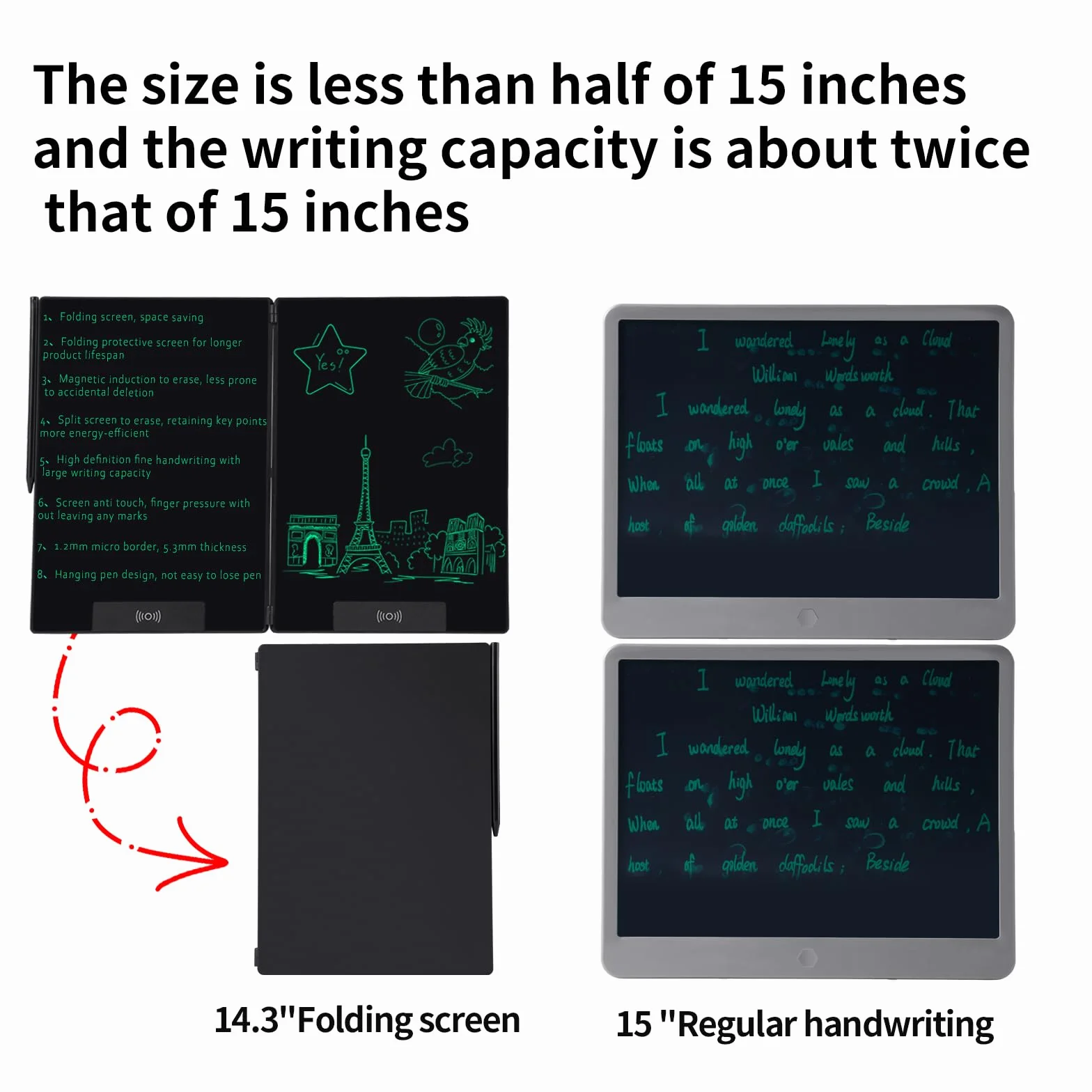 EMEBAY Tablette d'écriture LCD 14.3" Pliant Ultra Mince Bloc-Notes numérique effaçable