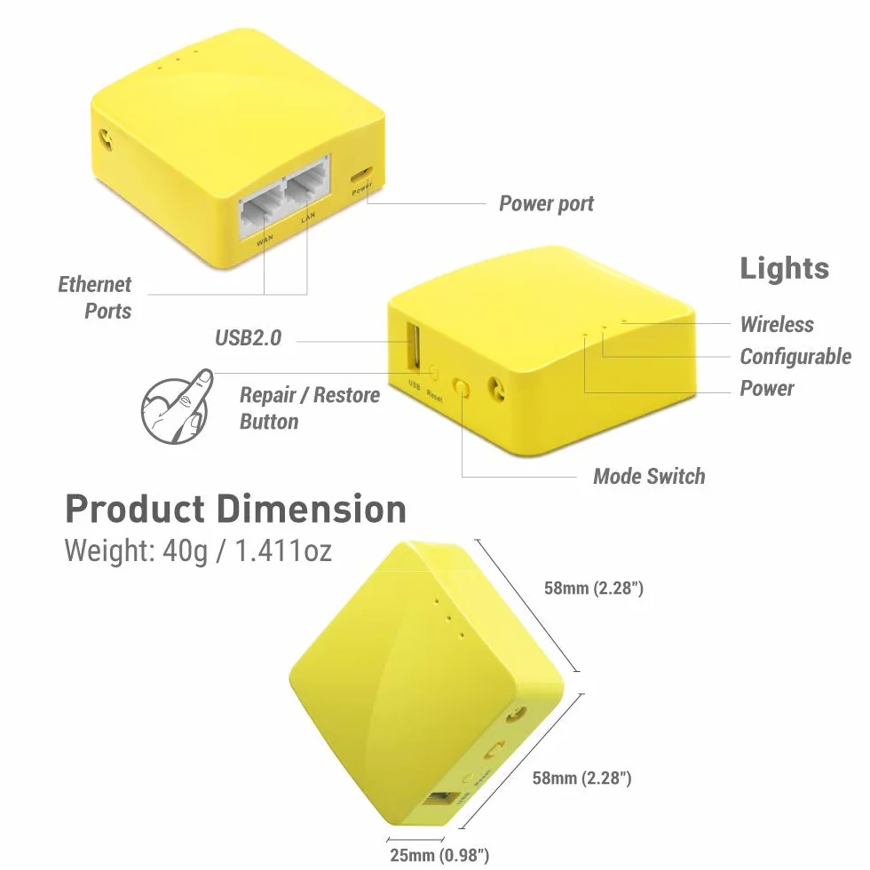 GL.iNet GL-MT300N-V2(Mango) Mini routeur WiFi VPN de Poche sans Fil Portable - Point d'accès/Extender/WDS avec OpenWrt, 2 Ports Ethernet, USB 2.0, 128 Mo RAM