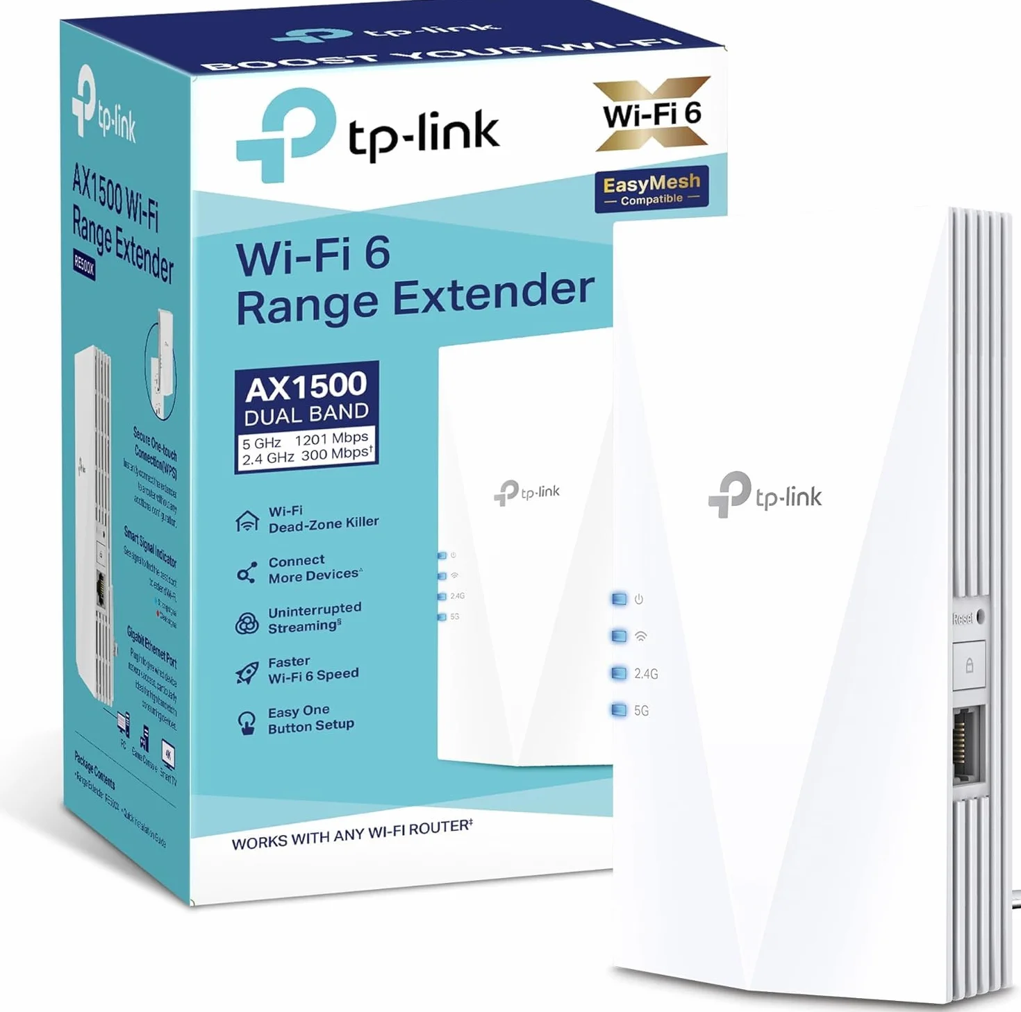 TP-Link Répéteur WiFi 6 RE500X, Amplificateur AX1500 Mbps, Port Ethernet Gigabit, 100 m²