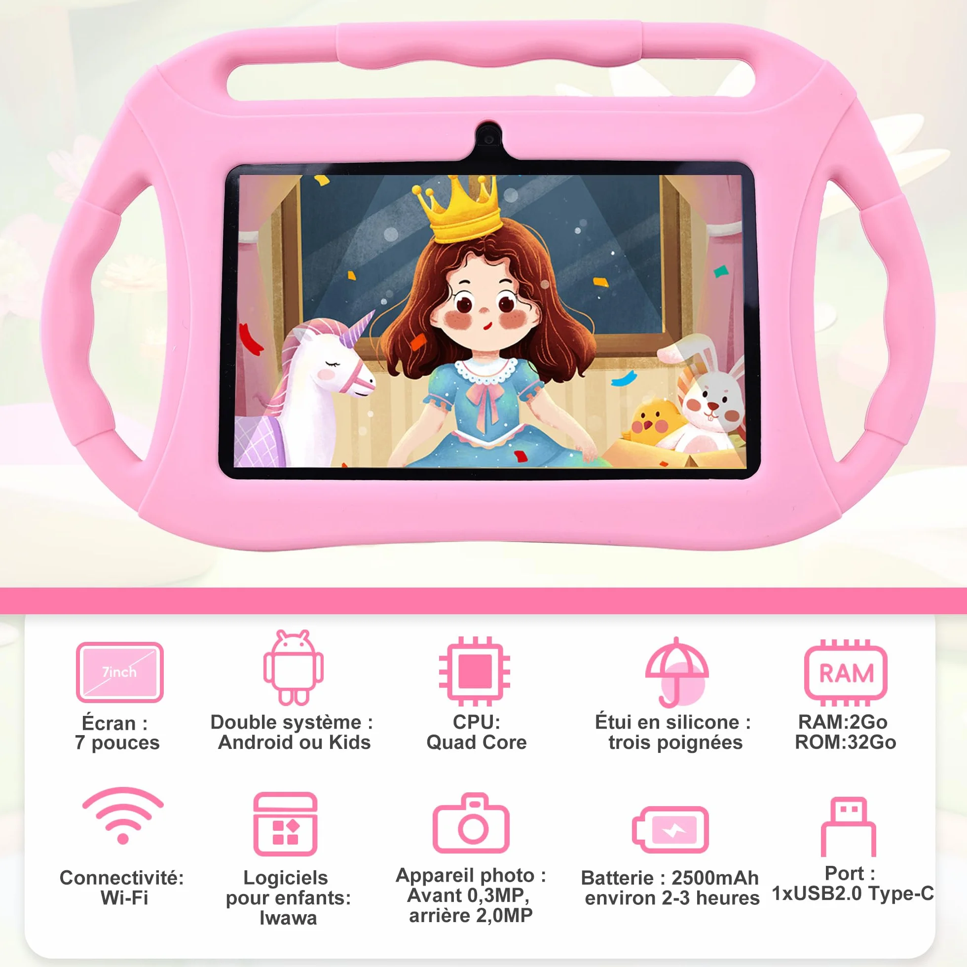 Tablette Android 7 Pouces 2Go RAM 32Go ROM WiFi Écran HD pour Enfants avec Contrôle Parental (Rose)