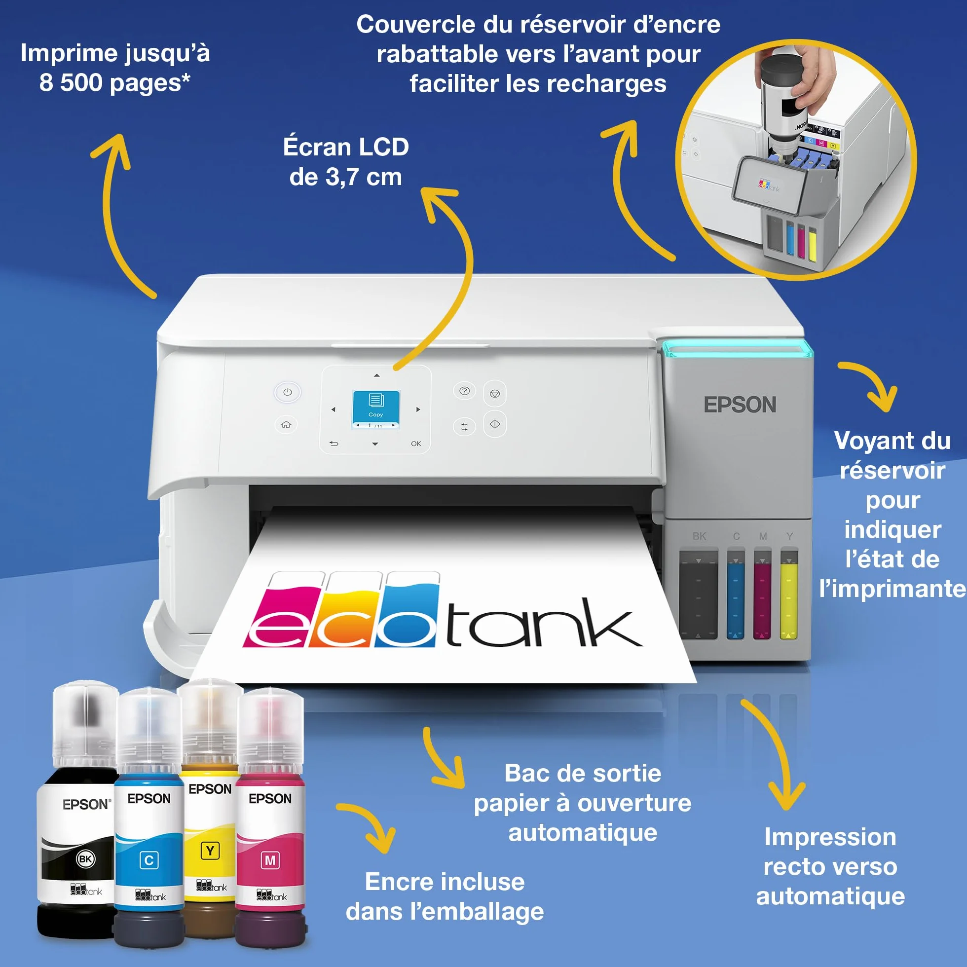 Epson EcoTank ET-2956 Imprimante A4 Wi-Fi AirPrint Recto Verso