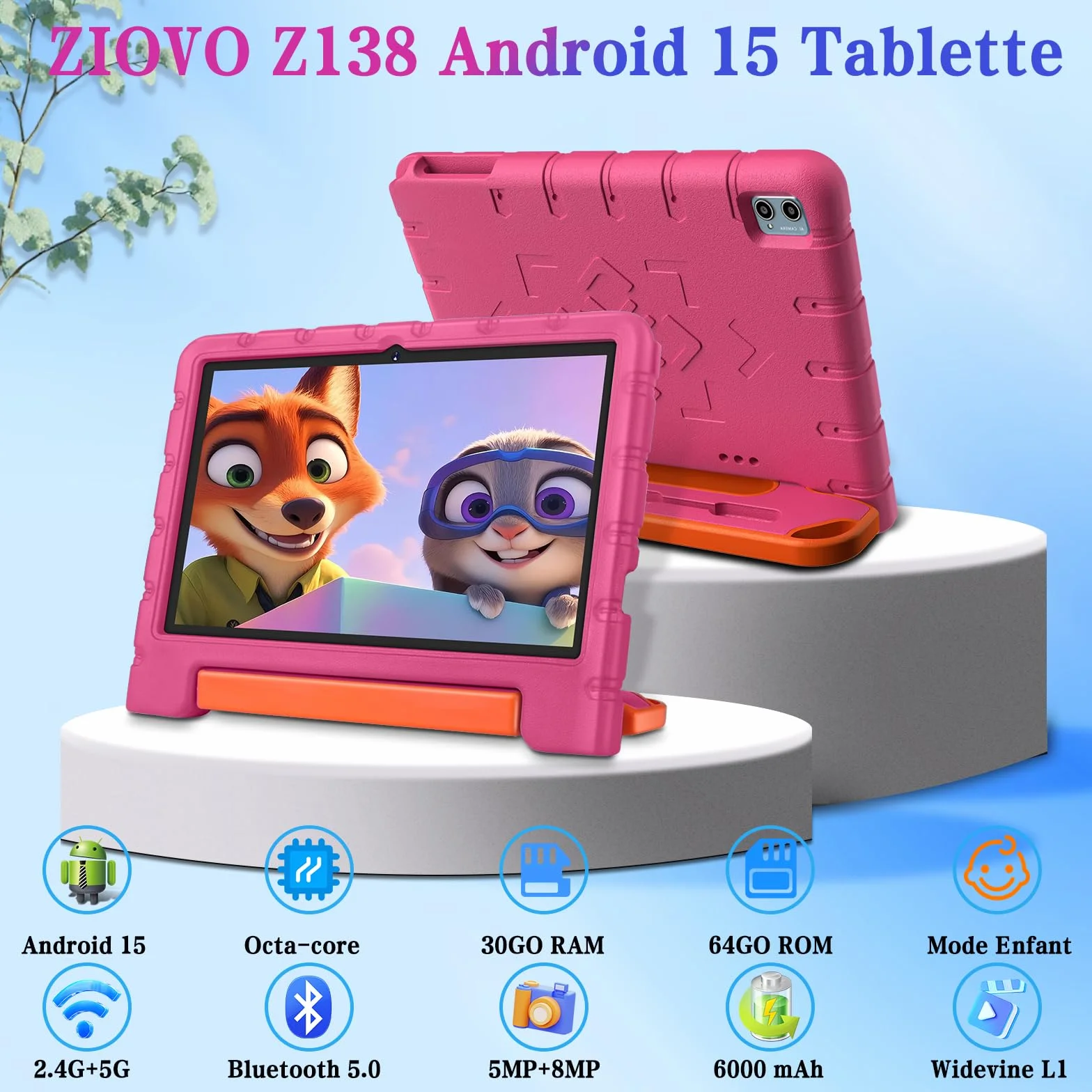 Tablette Enfants 10 Pouces Android 15 30Go RAM 64Go ROM TF 2To 5G WiFi Octa-Core Widevine L1 Face ID Contrôle Parental 6000 mAh BT 5.0