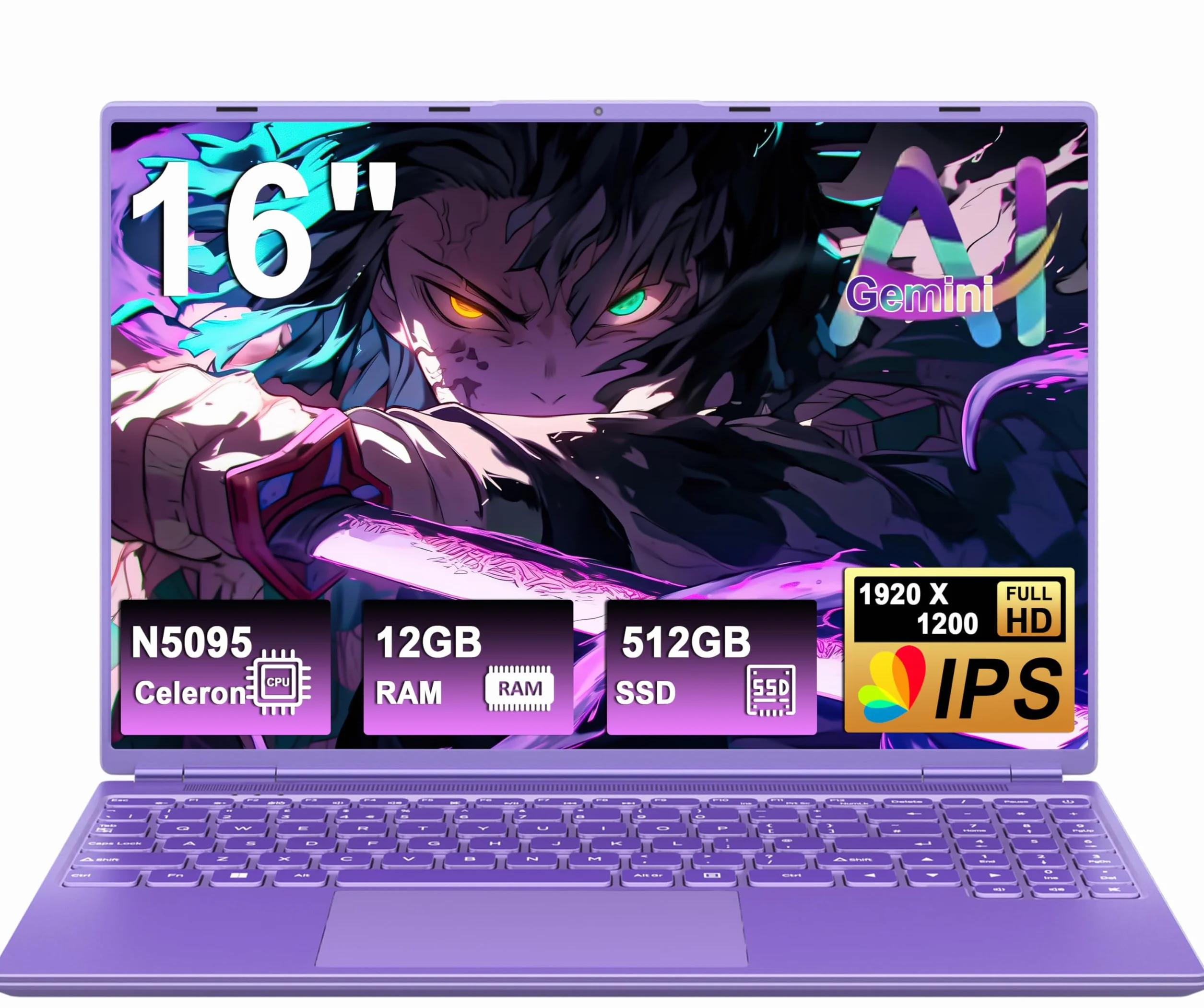 Ordinateur Portable Gaming 16 Pouces 12+512 Go Extensible 1TB Celeron N5095 2,9 GHz 1920x1200 PC Gamer 2K WiFi Mini HDMI Violet