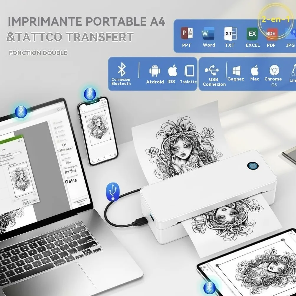 Imprimante de Transfert pour Tatouage A4, Machine Thermique avec 10 Feuilles et 1 Rouleau Papier Blanc