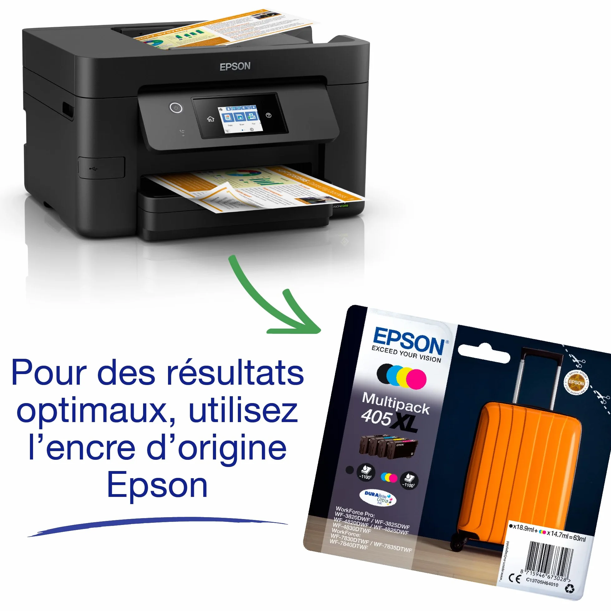EPSON WorkForce WF-3820DWF Imprimante 4-en-1 WiFi Direct Ethernet 21ppm PrecisionCore ADF