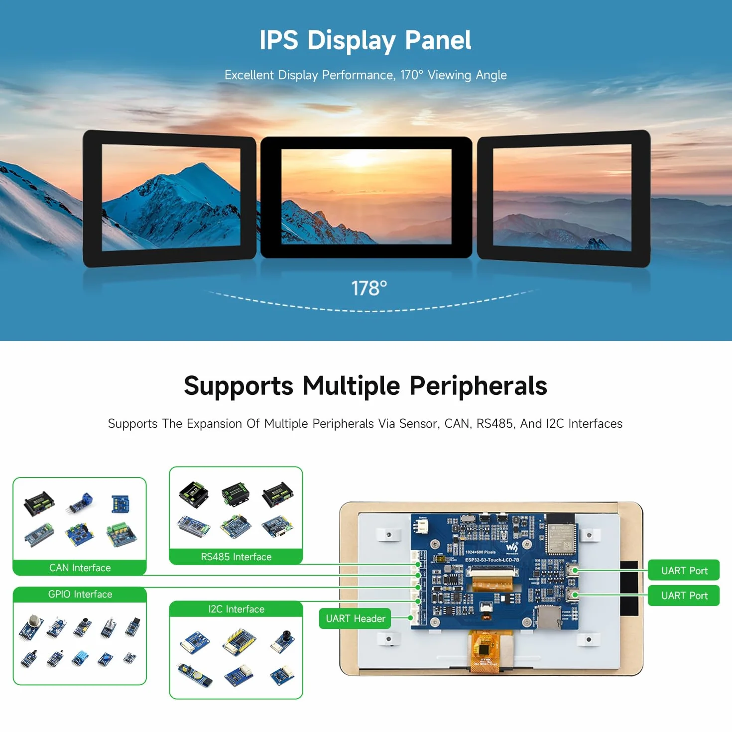 Waveshare ESP32-S3 Display 7inch LCD Development Board 1024x600 32-bit LX7 Dual-Core 240MHz Wi-Fi BT Touch