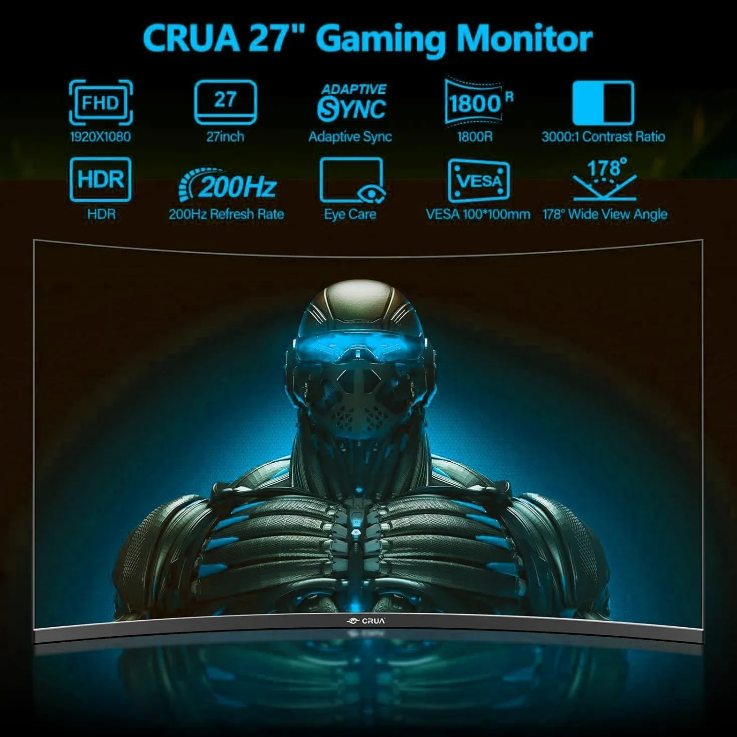 CRUA Gaming incurvé Écran 27 Pouces 200 Hz, FHD 1080P 1800R Moniteur PC, 1 ms GTG avec FreeSync, Faible Flou de Mouvement, Protection des Yeux, VESA, DisplayPort, HDMI,