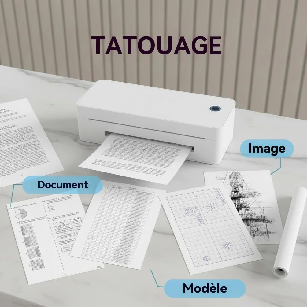 Imprimante de Transfert pour Tatouage A4, Machine Thermique avec 10 Feuilles et 1 Rouleau Papier Blanc