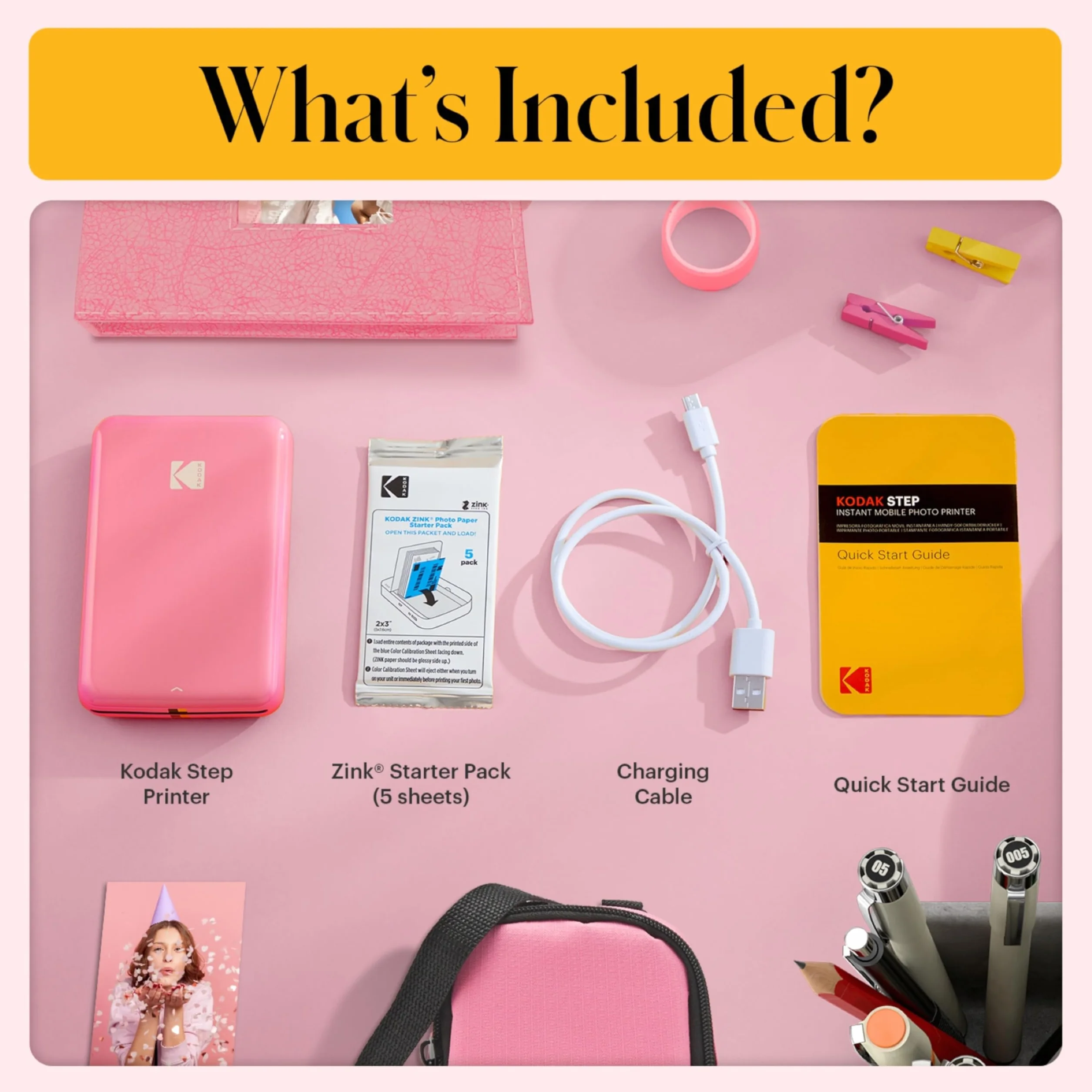KODAK Step Imprimante photo mobile sans fil Zinc Rose Kit de voyage