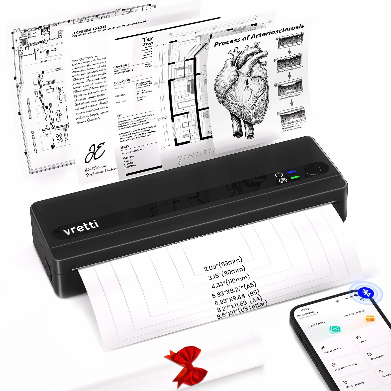 vretti Imprimante Thermique A4 PB821 Bluetooth Portable sans Encre Compatible Android iOS