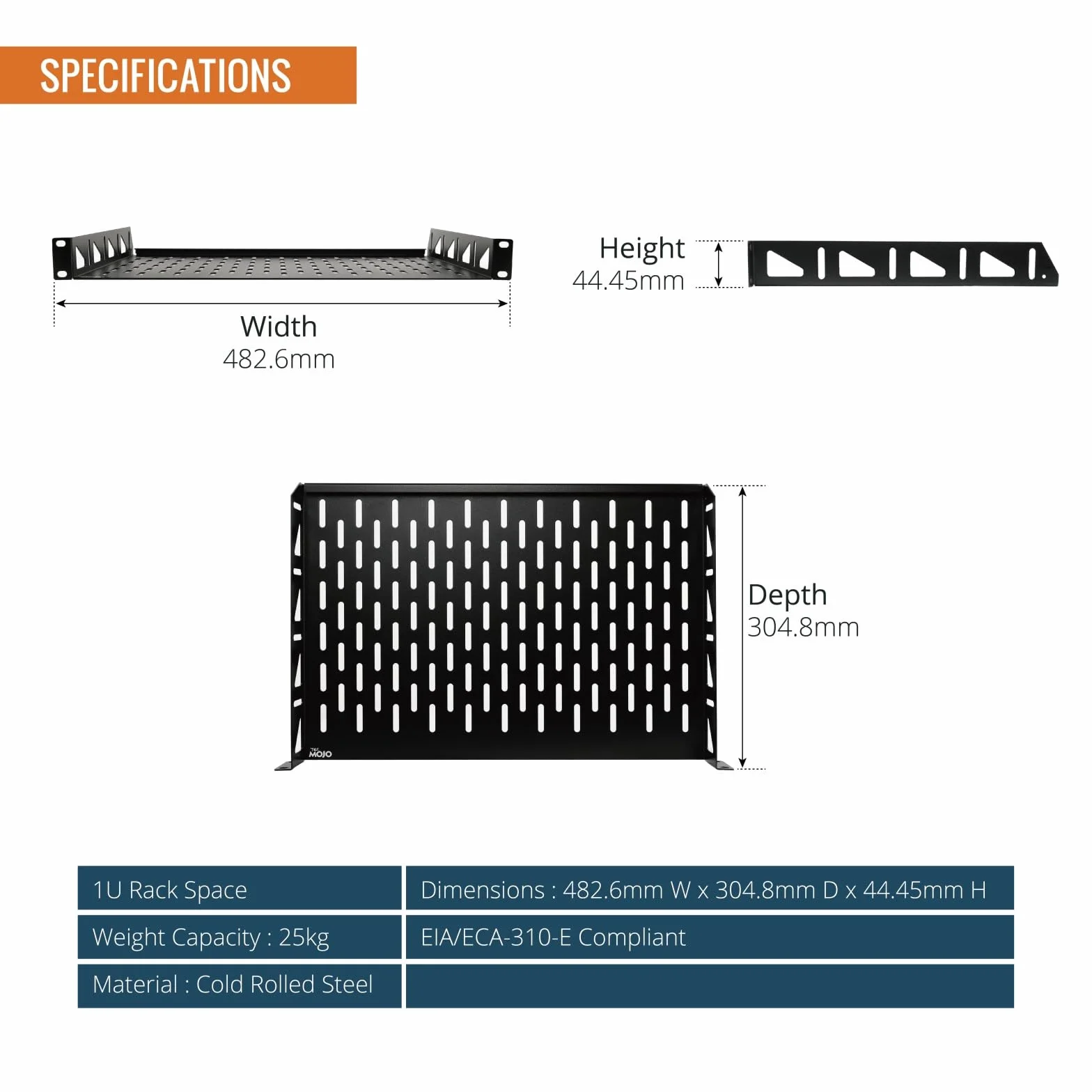 Tecmojo 19 Pouces 1U Étagère à Encastrer Ventilée, Profondeur 304,8mm, Capacité 25kg, Lot de 2, Noir