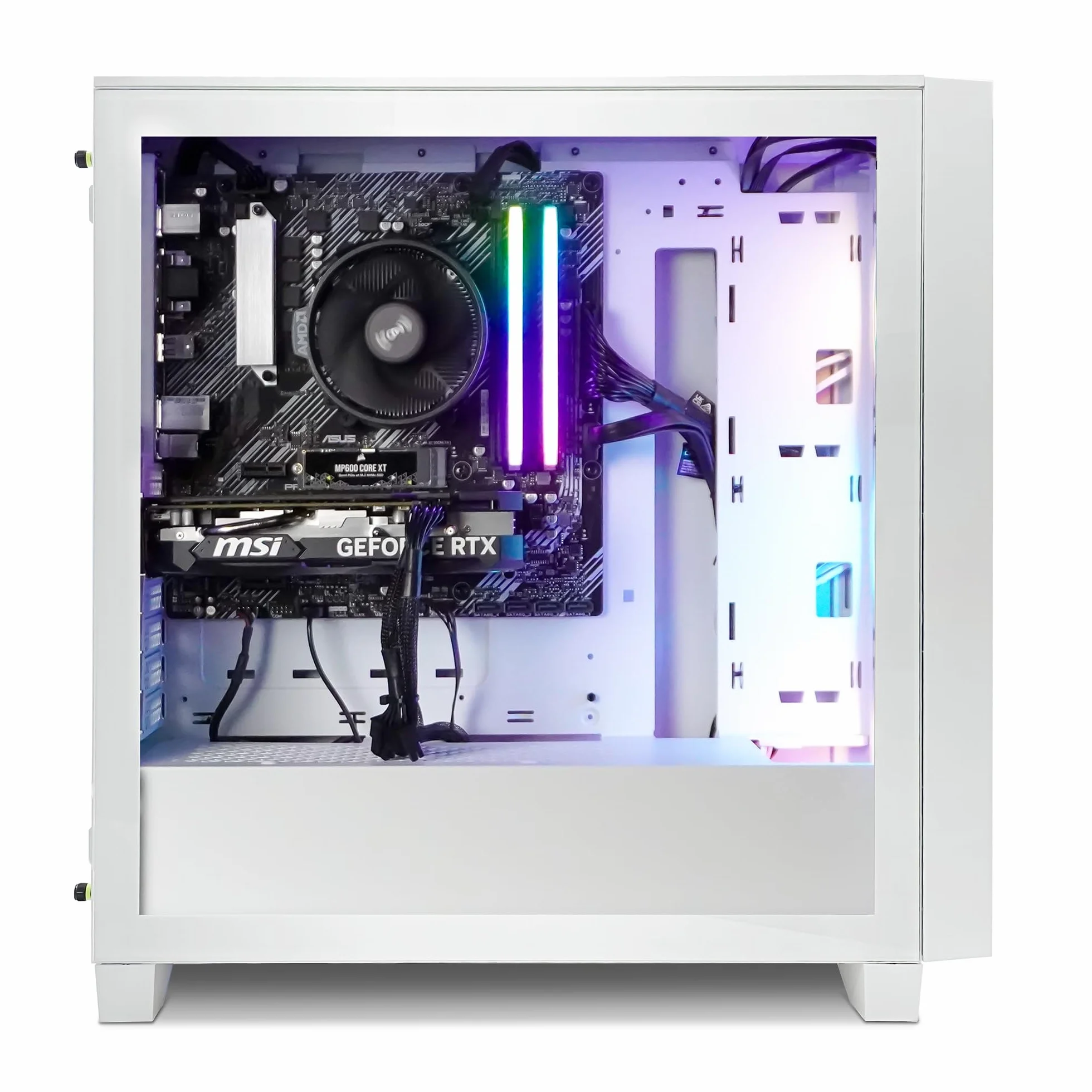 PC Gamer RTX 4060 ARGB White Boitier 3000D RGB White Ryzen 5 4500 DDR4 32Go 3600Mhz NVIDIA GeForce RTX 4060 8Go GDDR6 AMD A520M SSD 1To NVMe Alim 550W 80 Plus Bronze WiFi 5 Windows Pro 11