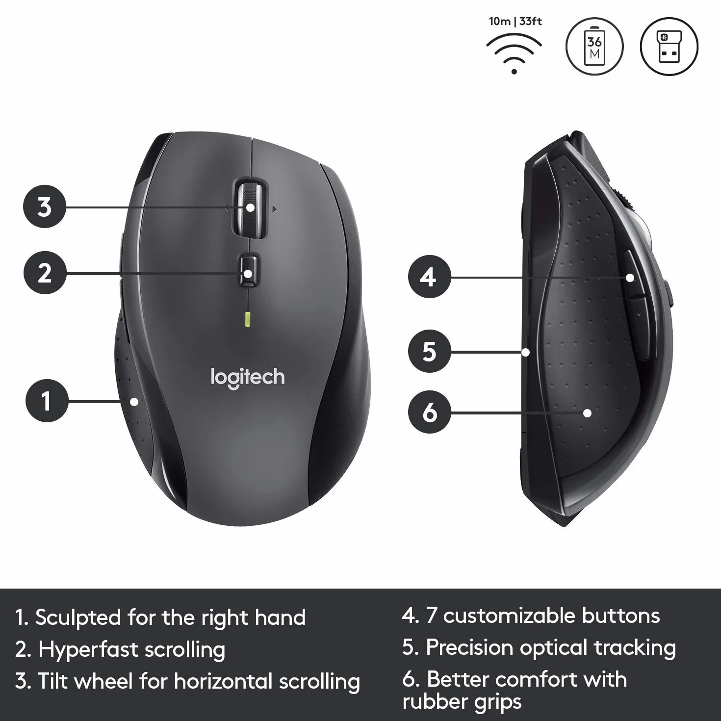 Logitech M705 Souris sans fil Noir Reconditionné pour Windows Mac Ordinateur Portable