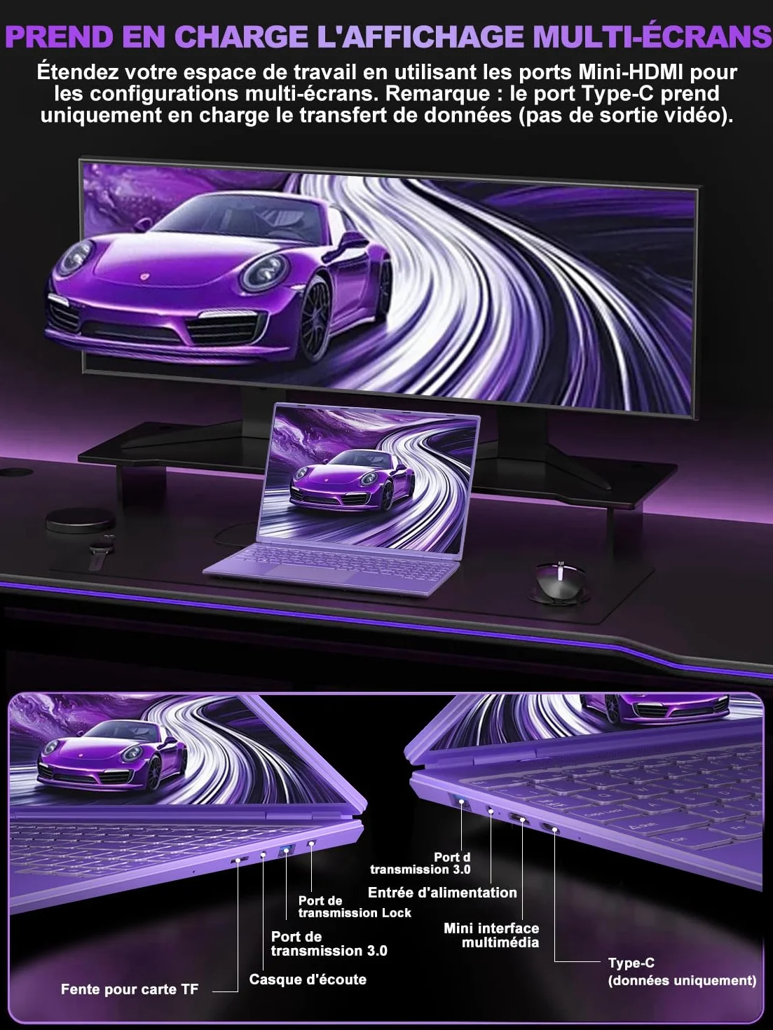 Ordinateur Portable Gaming 16 Pouces 12+512 Go Extensible 1TB Celeron N5095 2,9 GHz 1920x1200 PC Gamer 2K WiFi Mini HDMI Violet