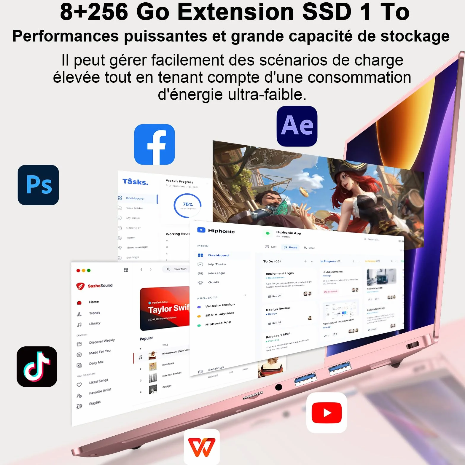 Ordinateur Portable 14 Pouces Celeron N5095 Win11 Pro 8Go RAM 256Go SSD 5G WiFi 1920x1080 FHD PC Portable Doré Métal