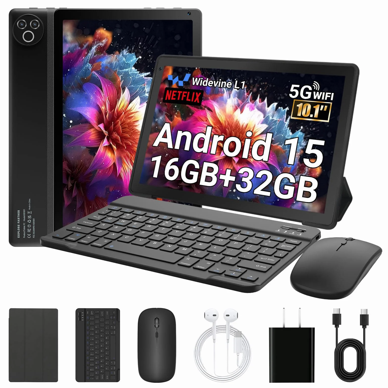 Tablette 10 Pouces Android 15 32 Go ROM+1 To TF 5000 mAh WiFi 6 Bluetooth 5.4 Widevine L1 Noir