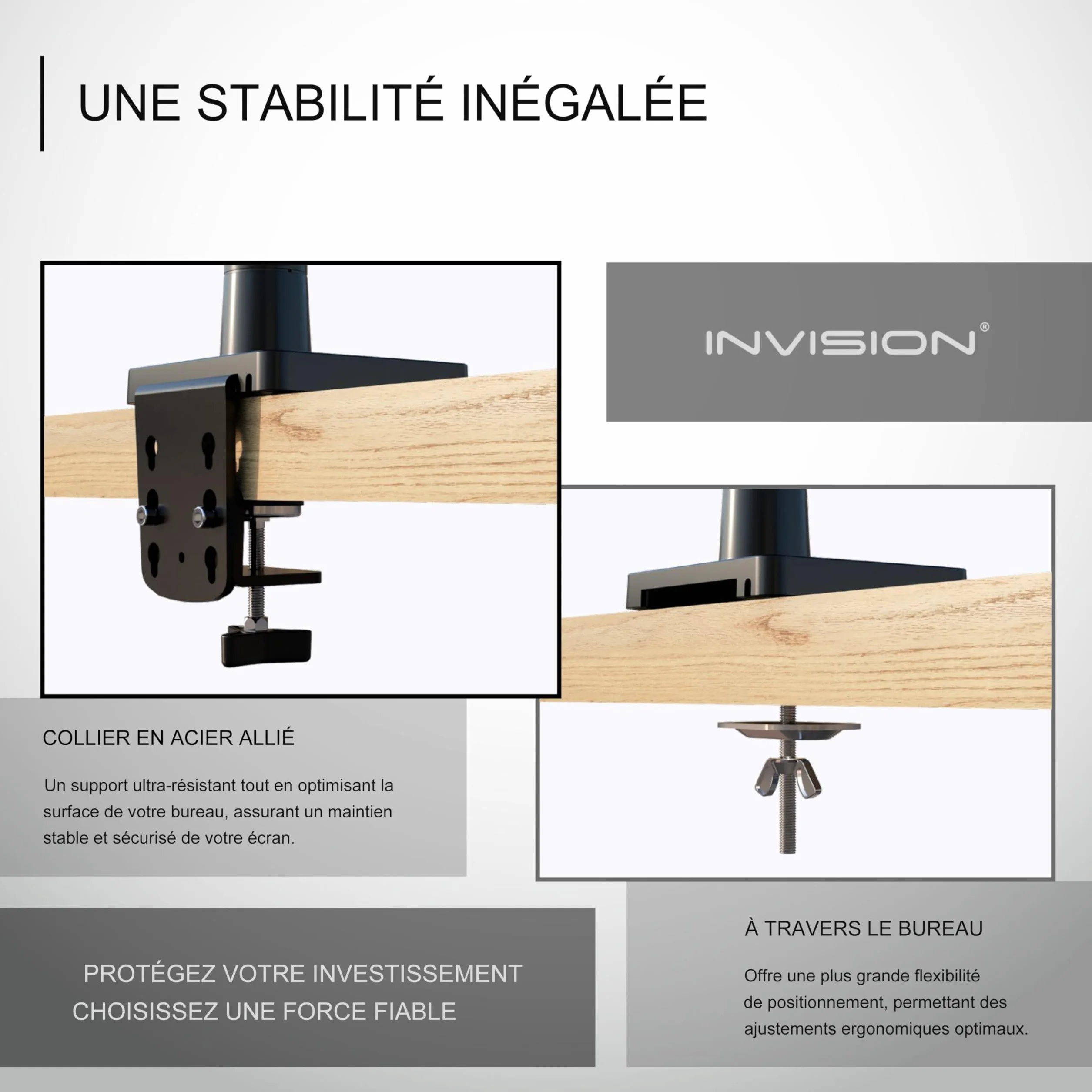 Invision Support PC Ecran Bras pour Écrans 24"-40" VESA 75/100mm Pince de Bureau Ergonomique MX450