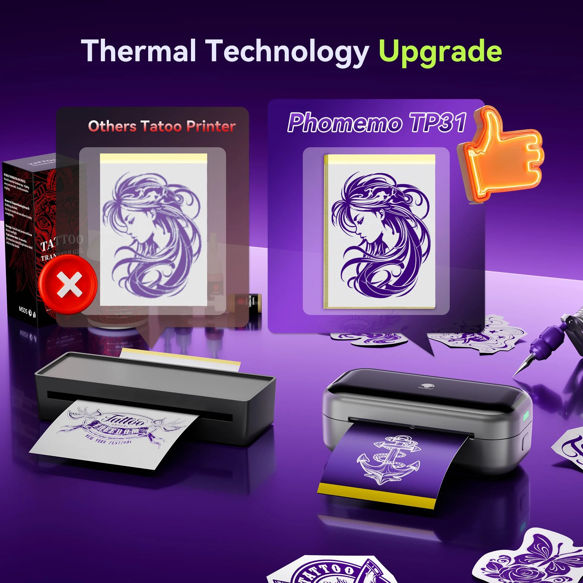Phomemo TP31 Imprimante Tatouage avec 120 Feuilles Papier Transfert Compatible iOS Android