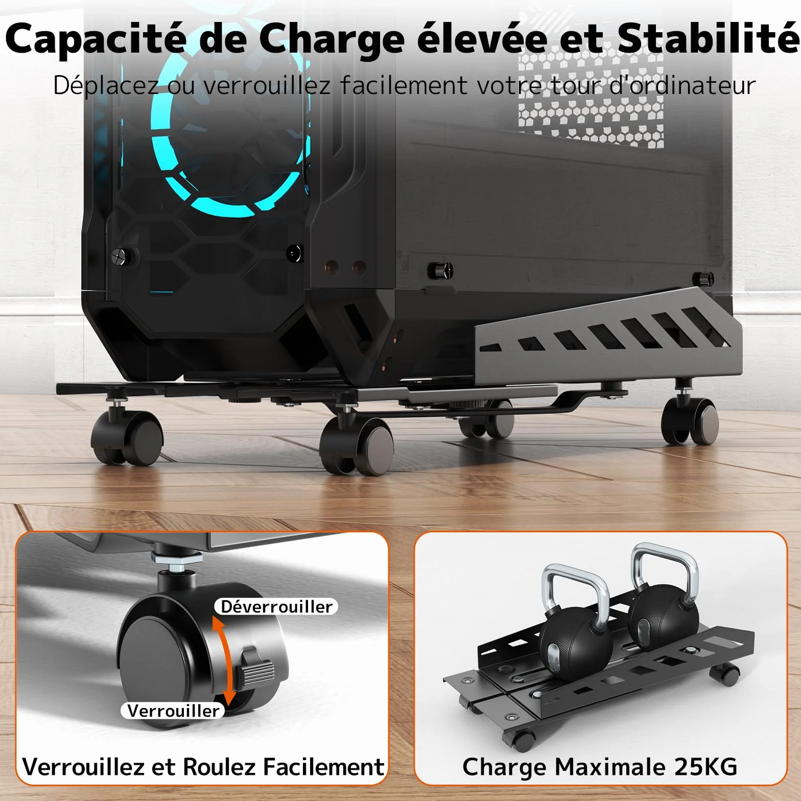 PUTORSEN Support Tour PC Mobile, Chariot avec Roues Verrouillables, Antidérapantes, Taille Réglable, Compatible avec La Plupart des Tours (Noir)