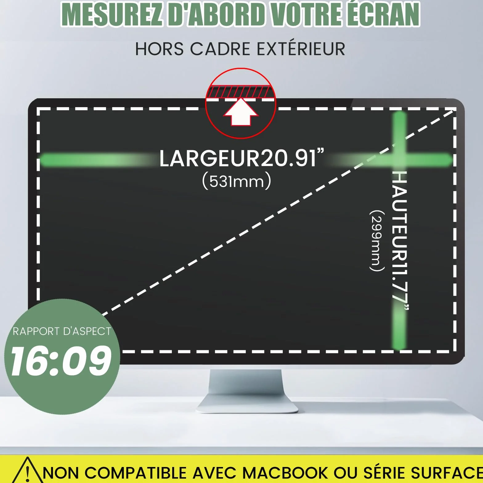 Filtre de Confidentialité 24 Pouces pour écran d'ordinateur – Protection anti-lumière bleue et anti-éblouissement – Moniteur 16:9 (53,1 x 29,9 cm)
