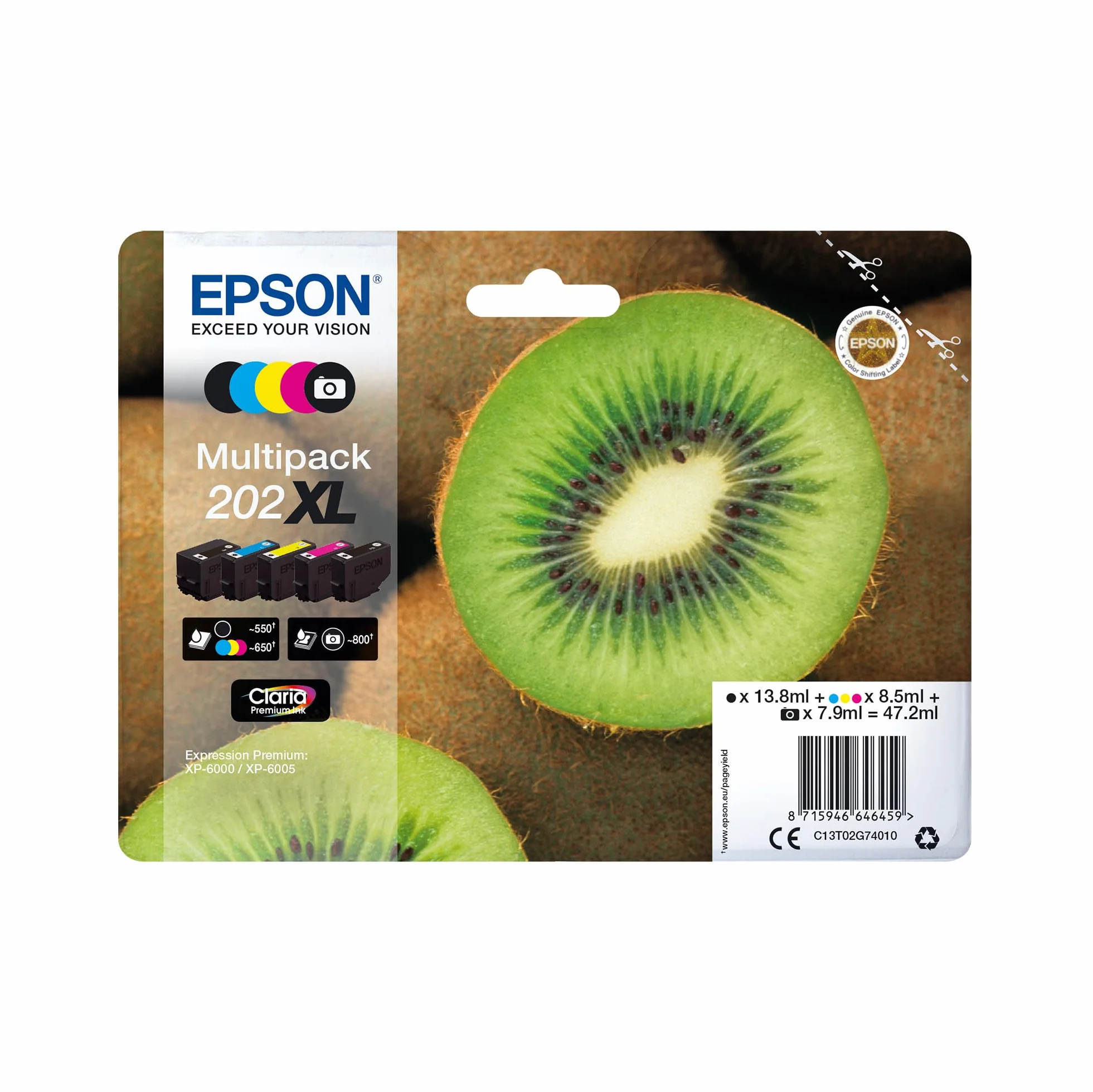 Epson 202 Kiwi Genuine Multipack 5-Colours Ink Cartridges Claria Premium Ink Standard Capacity