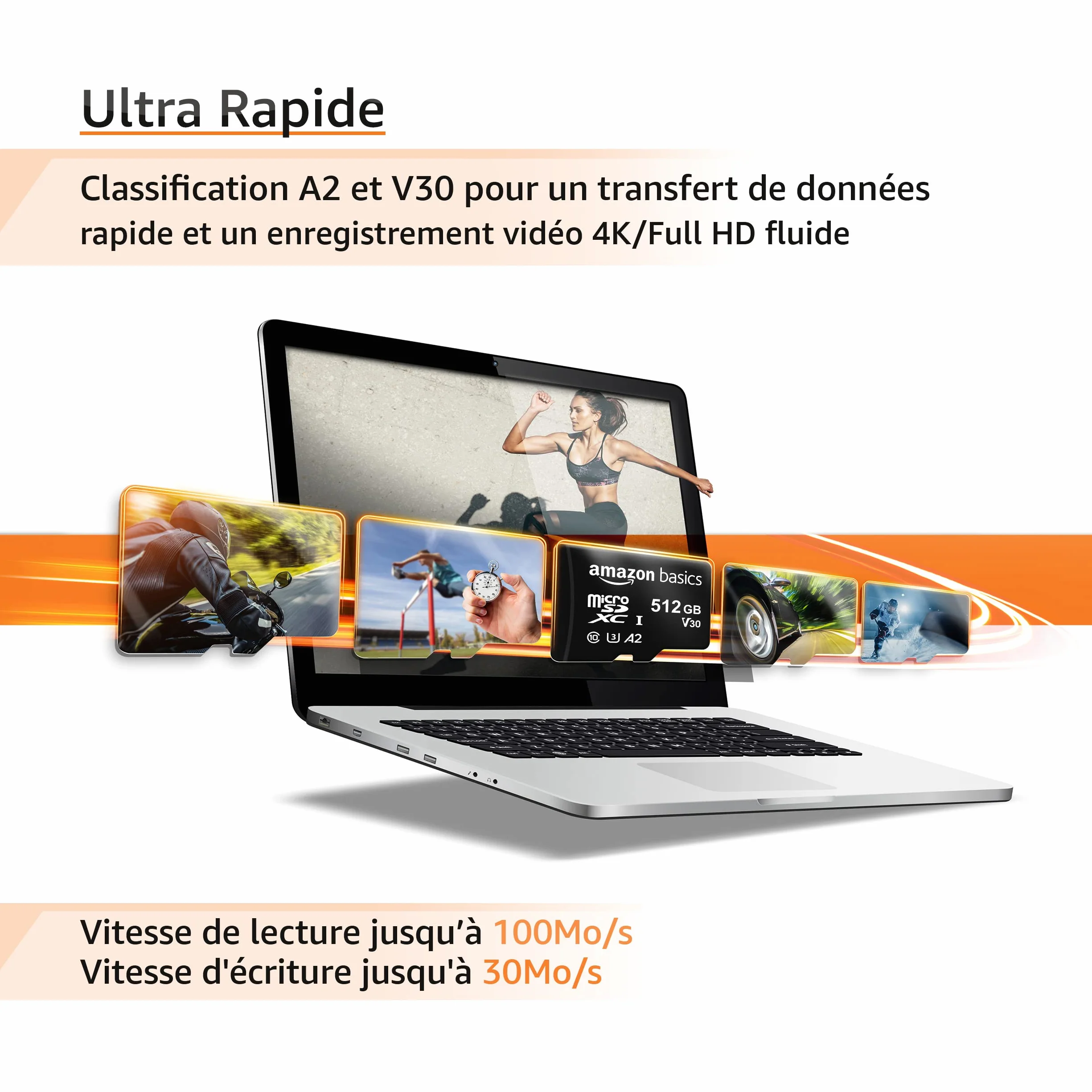 Amazon Basics Carte Mémoire microSDXC 512Go A2 U3 Adaptateur Grande Taille Noir