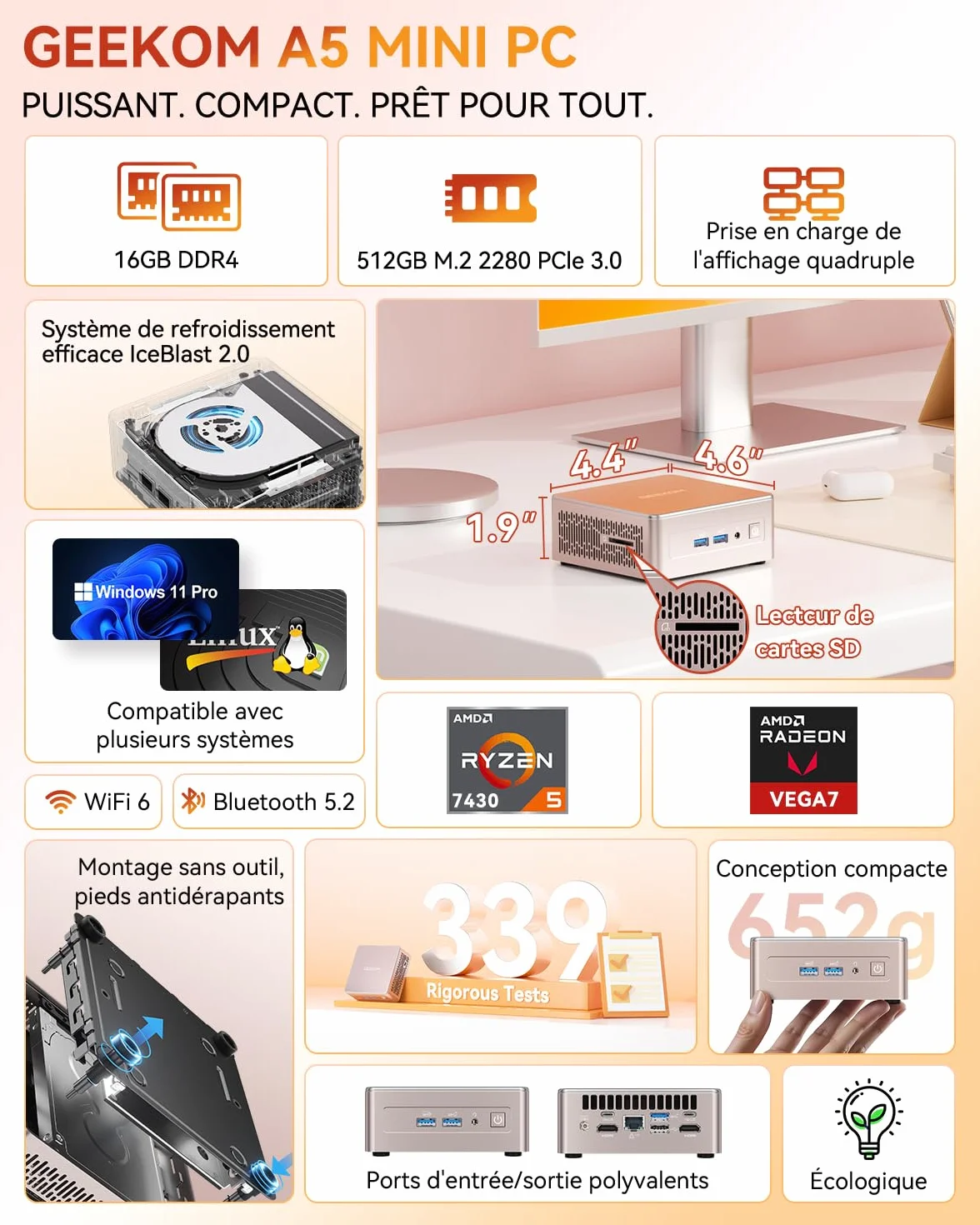 GEEKOM A5 Mini PC AMD Ryzen 5 7430U 512Go SSD 16Go RAM Windows 11 Pro