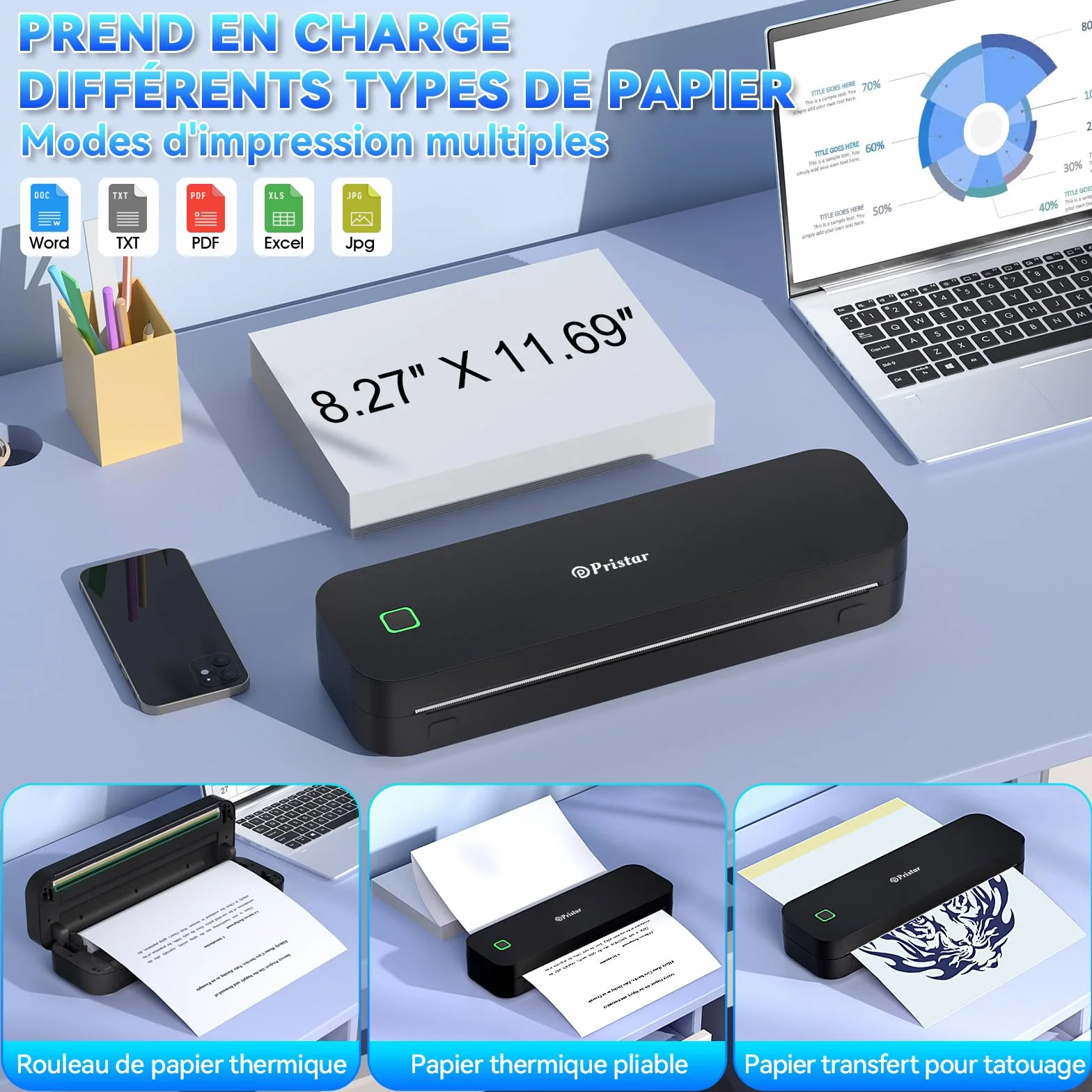 Pristar D210 Imprimante Thermique A4 Portable sans Encre pour Voyages Bureau Maison Noir