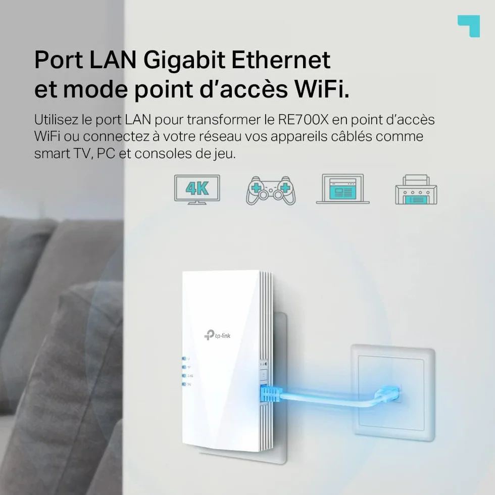TP-Link Répéteur WiFi 6 RE700X, Amplificateur WiFi AX3000 Mbps, Port Ethernet Gigabit, 150 m²