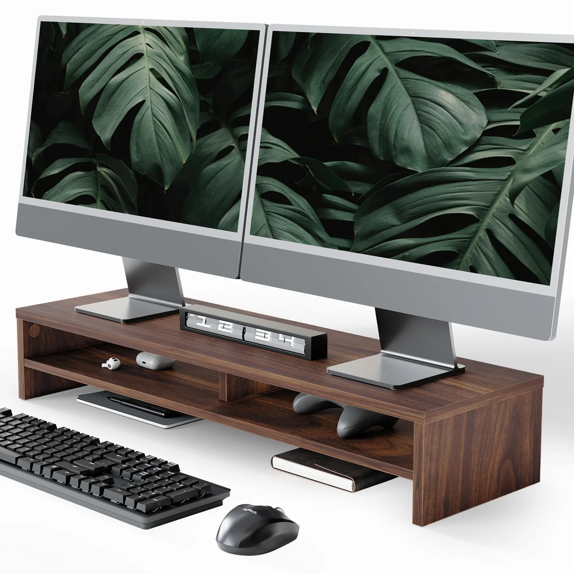 Fenge Réhausseur d'Écran d'Ordinateur Support Dual Moniteurs Organisateur de Bureau 80×23.5×14.2cm Charge 25KG Marron
