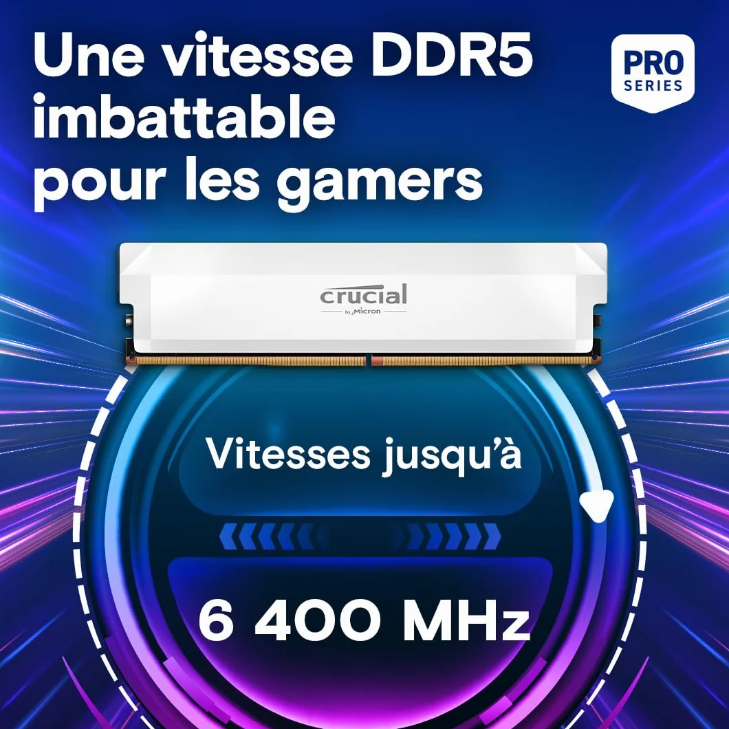 Crucial Pro RAM DDR5 32Go Kit 2x16Go 6000MHz CL36 Overclocking Gaming Intel XMP 3.0 AMD Expo PC Mémoire Blanc