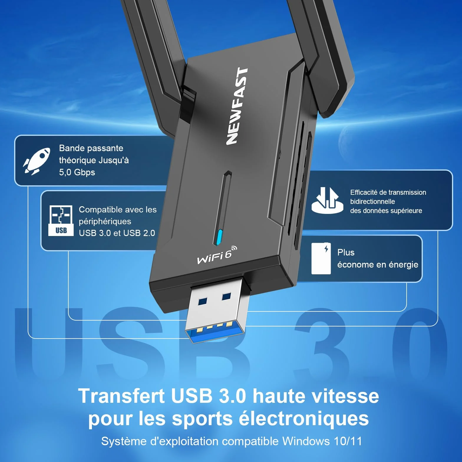 NEWFAST Clé WiFi 6E AXE5400 NF-U353, Tri-Bande USB 3.0 Adaptateur WiFi 6GHz WPA3 pour PC Windows 11/10