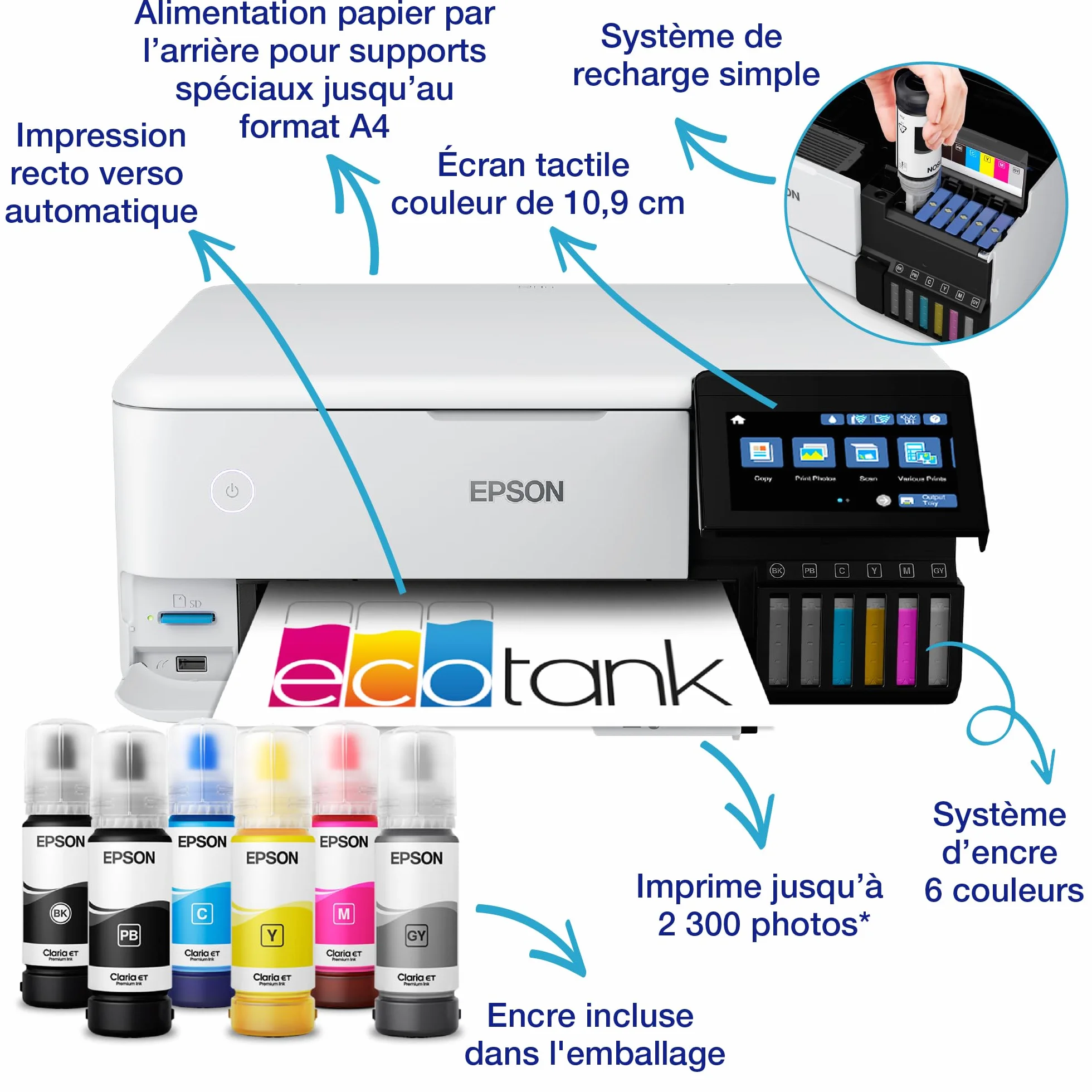 Imprimante photo A4 EcoTank ET-8500 avec réservoir d’encre Wi-Fi