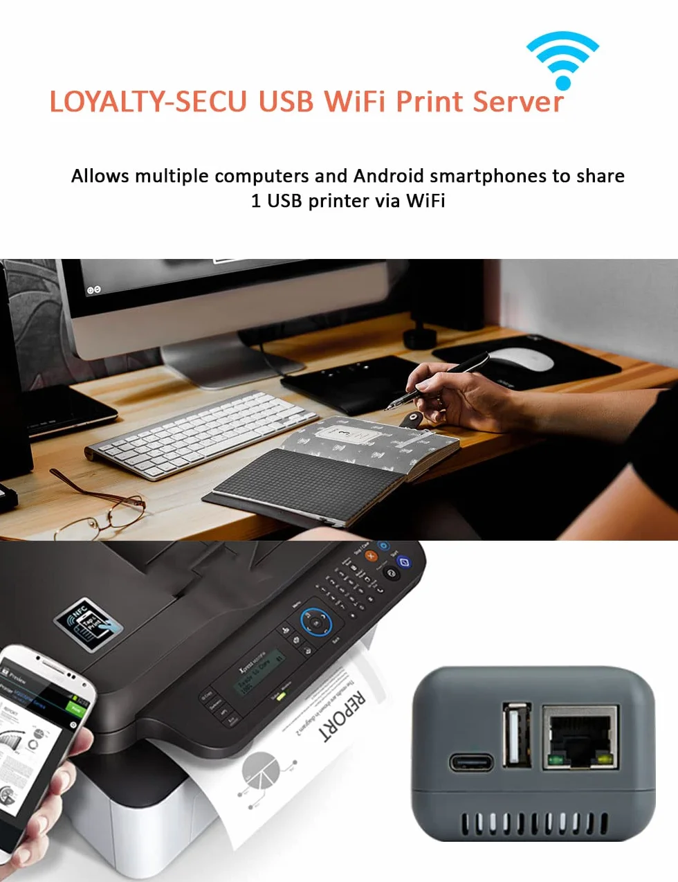 Mini serveur d'impression réseau WIFI pour imprimante USB Gris