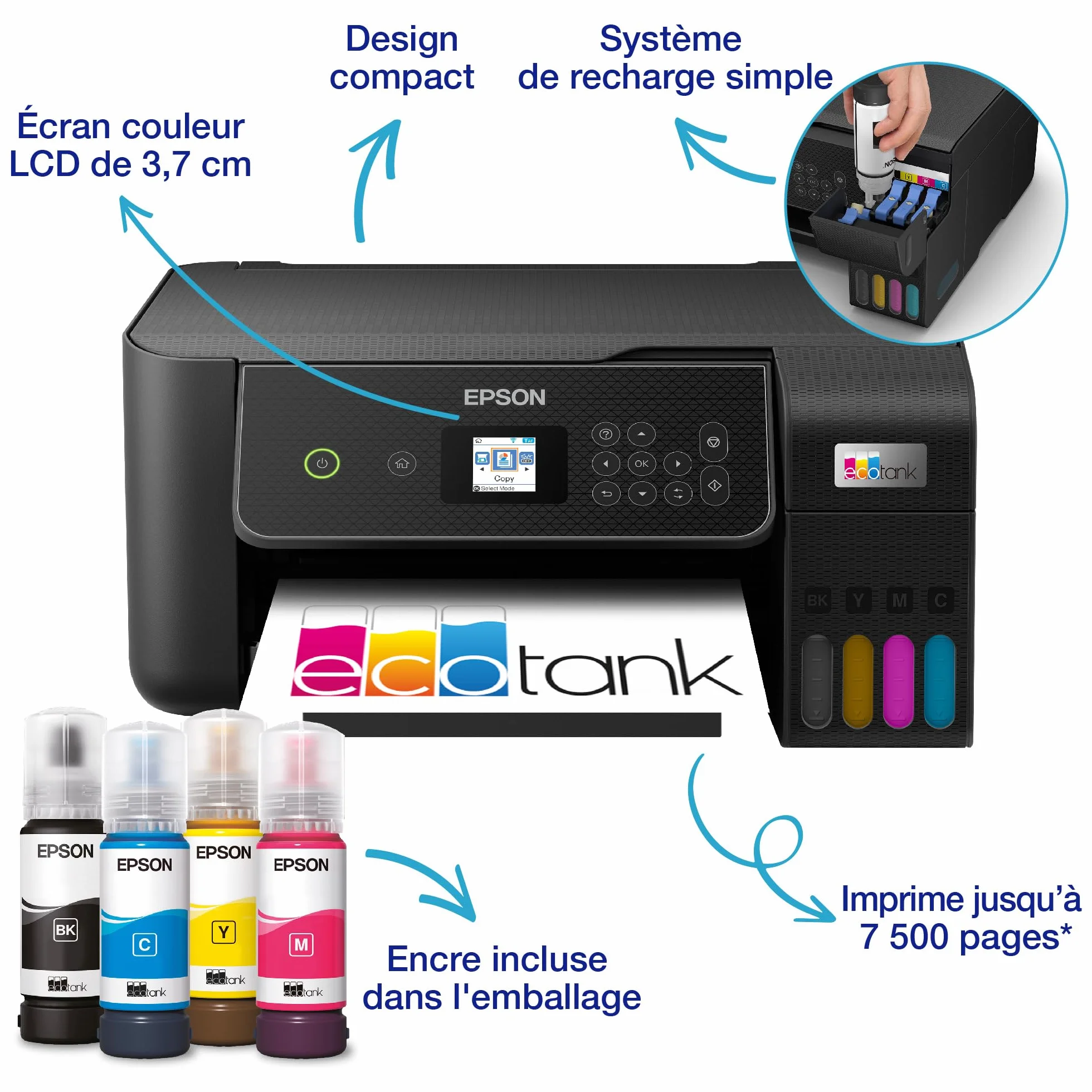 Epson EcoTank ET-2870 Imprimante Réservoirs Encre A4 Wi-Fi Imprimer Copier Numériser Écran LCD 3,7cm 3 Ans Encre Inclus