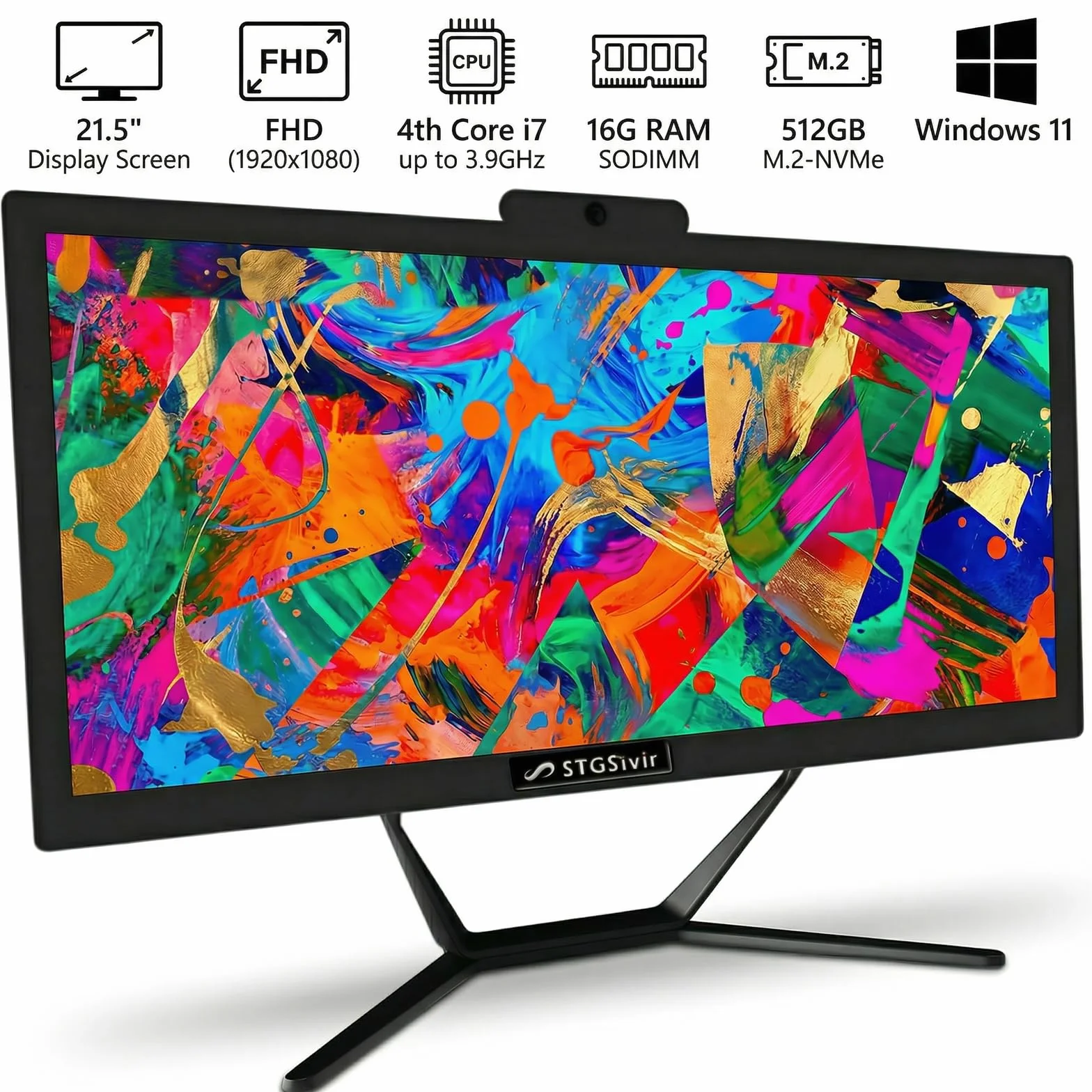 Ordinateur de Bureau Tout-en-Un 21.5" Core i7 3.2 GHz 16Go RAM 512Go SSD WiFi Bluetooth 5.0 Windows 11 Pro Noir