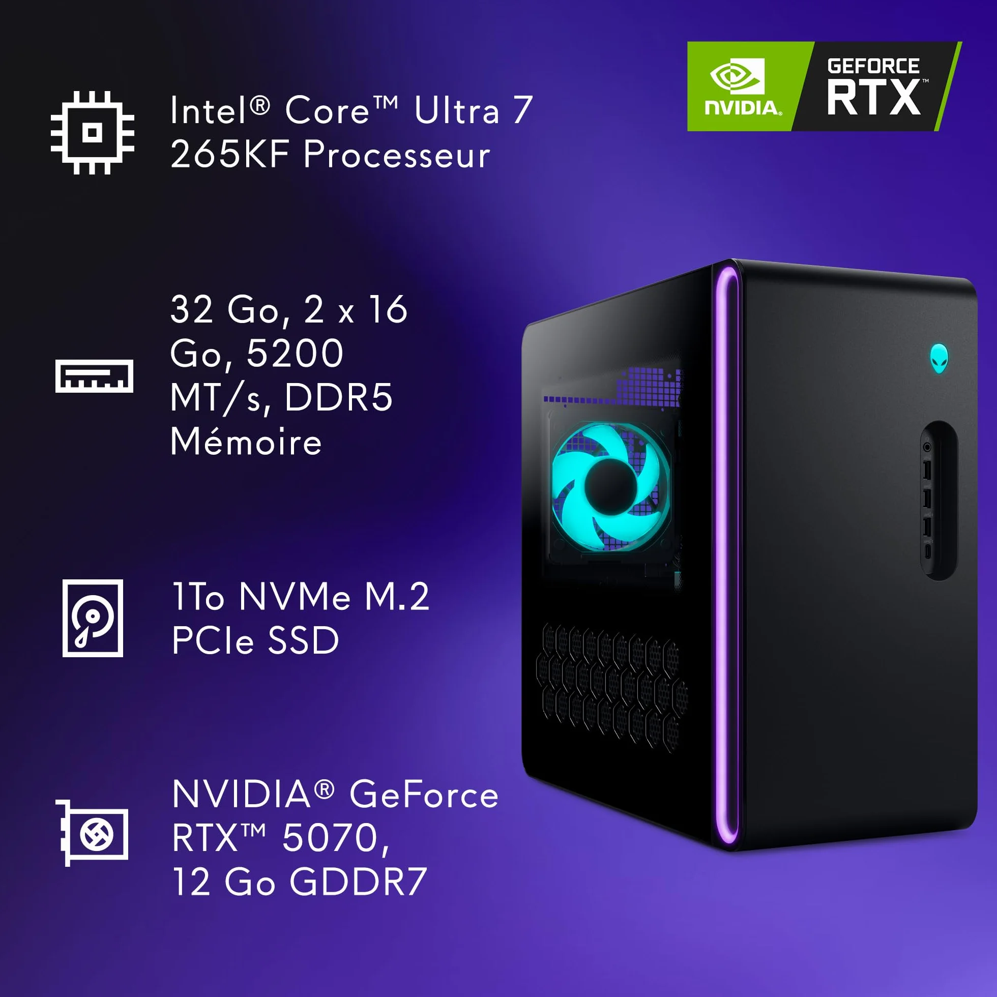 Alienware Aurora PC Gamer Intel Core Ultra 7 265KF RTX 5070 32 Go RAM DDR5 1 To SSD Refroidissement Liquide 1000W Windows 11 Home