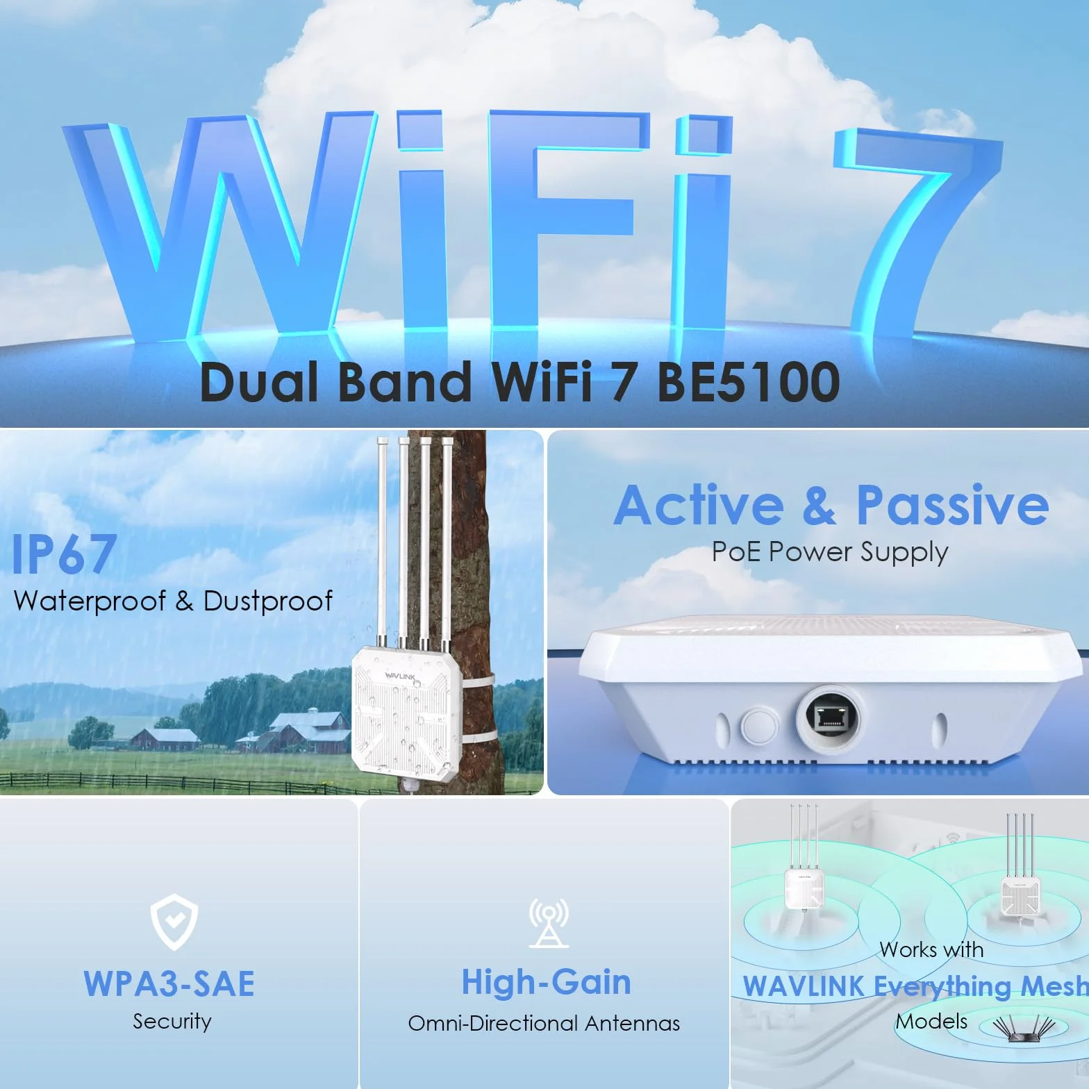 Routeur WiFi 7 WAVLINK Extérieur BE5100 Mesh IP67 Étanche PoE Antennes 8dBi Longue Portée