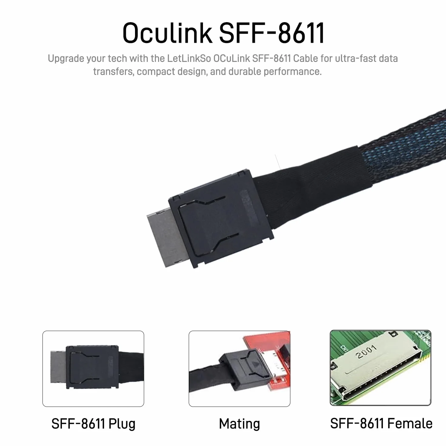 Oculink Câble d'extension PCIe 4.0 SFF-8611 4i mâle pour eGPU Mini PC SSD, 100 cm