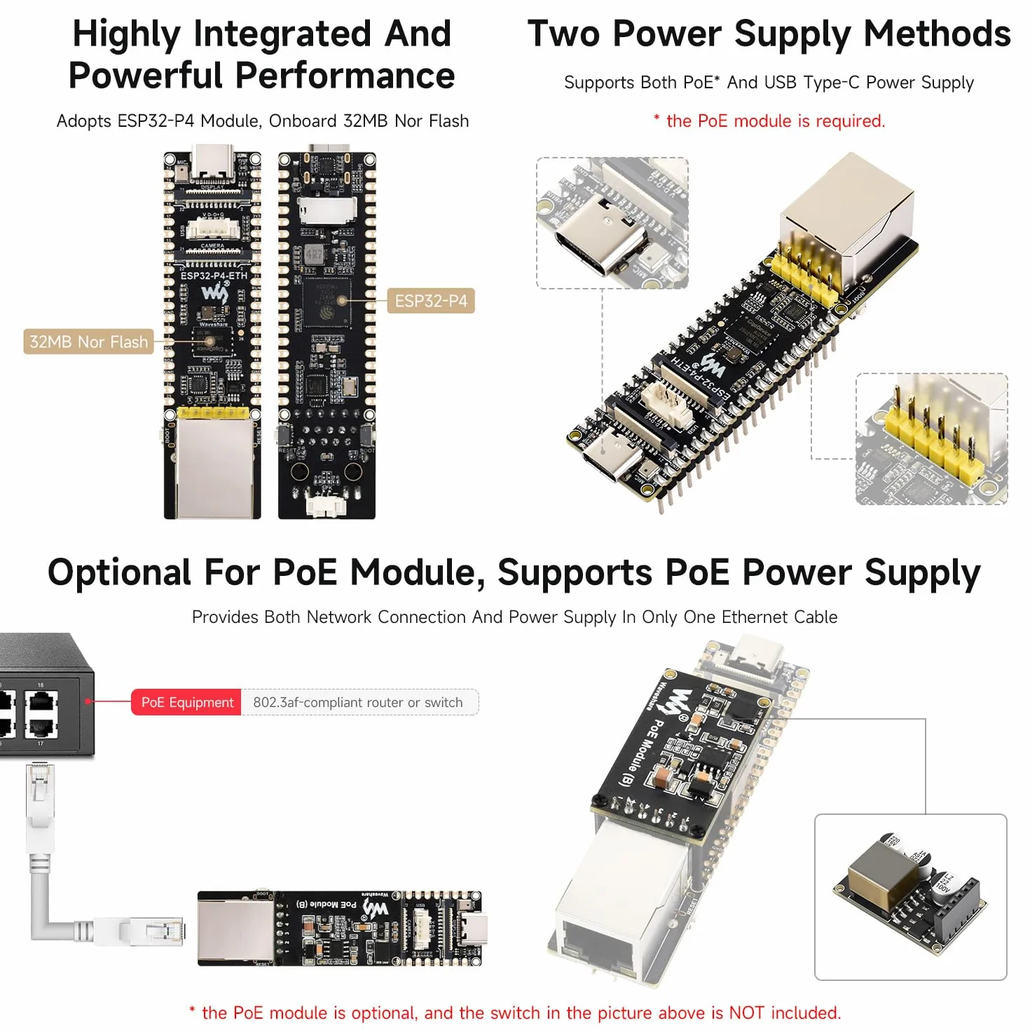 Waveshare ESP32-P4-ETH Development Board with PoE Module, Camera and Speaker