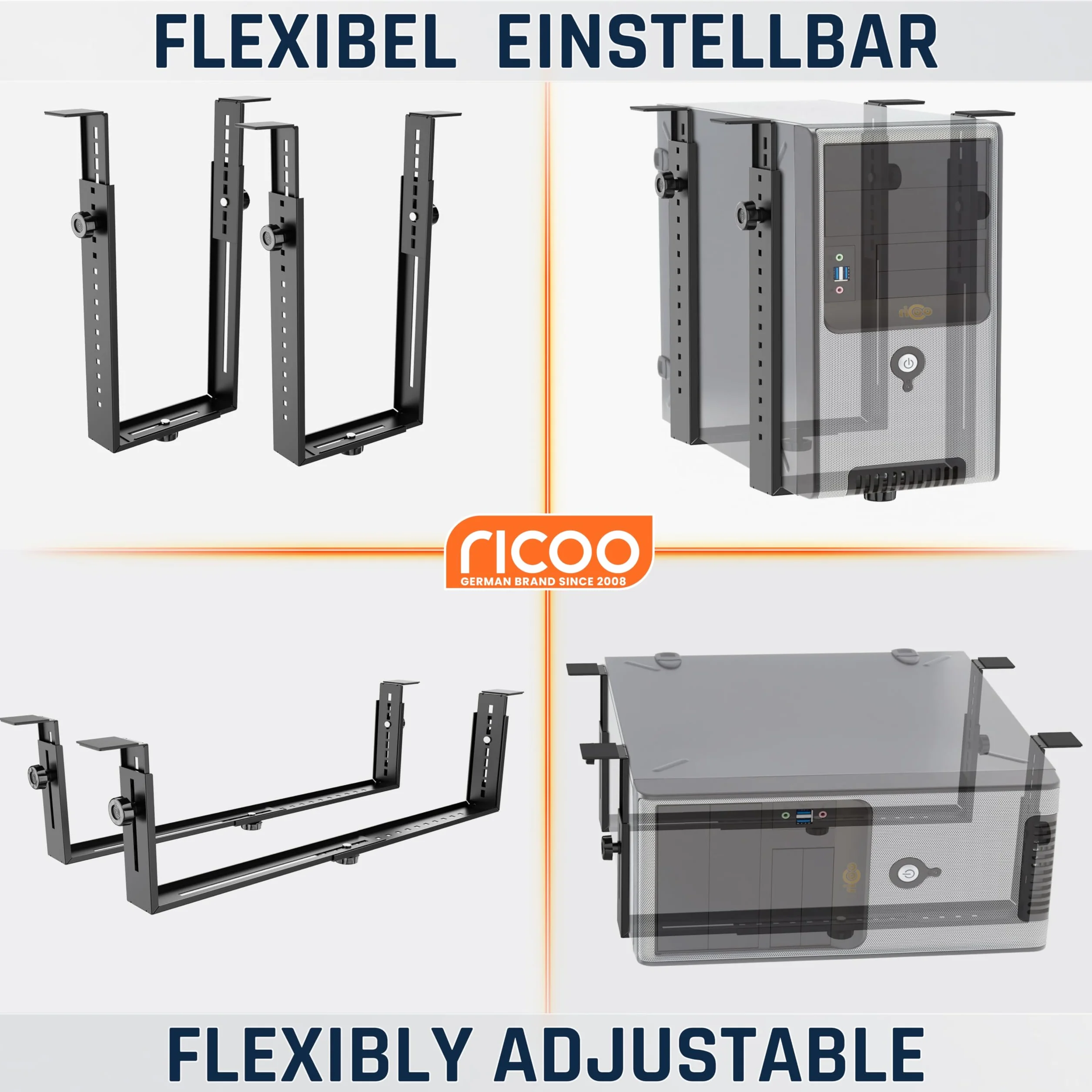 RICOO TRH02-B Support boîtier PC Universel Montage sous Bureau Accroche réglable