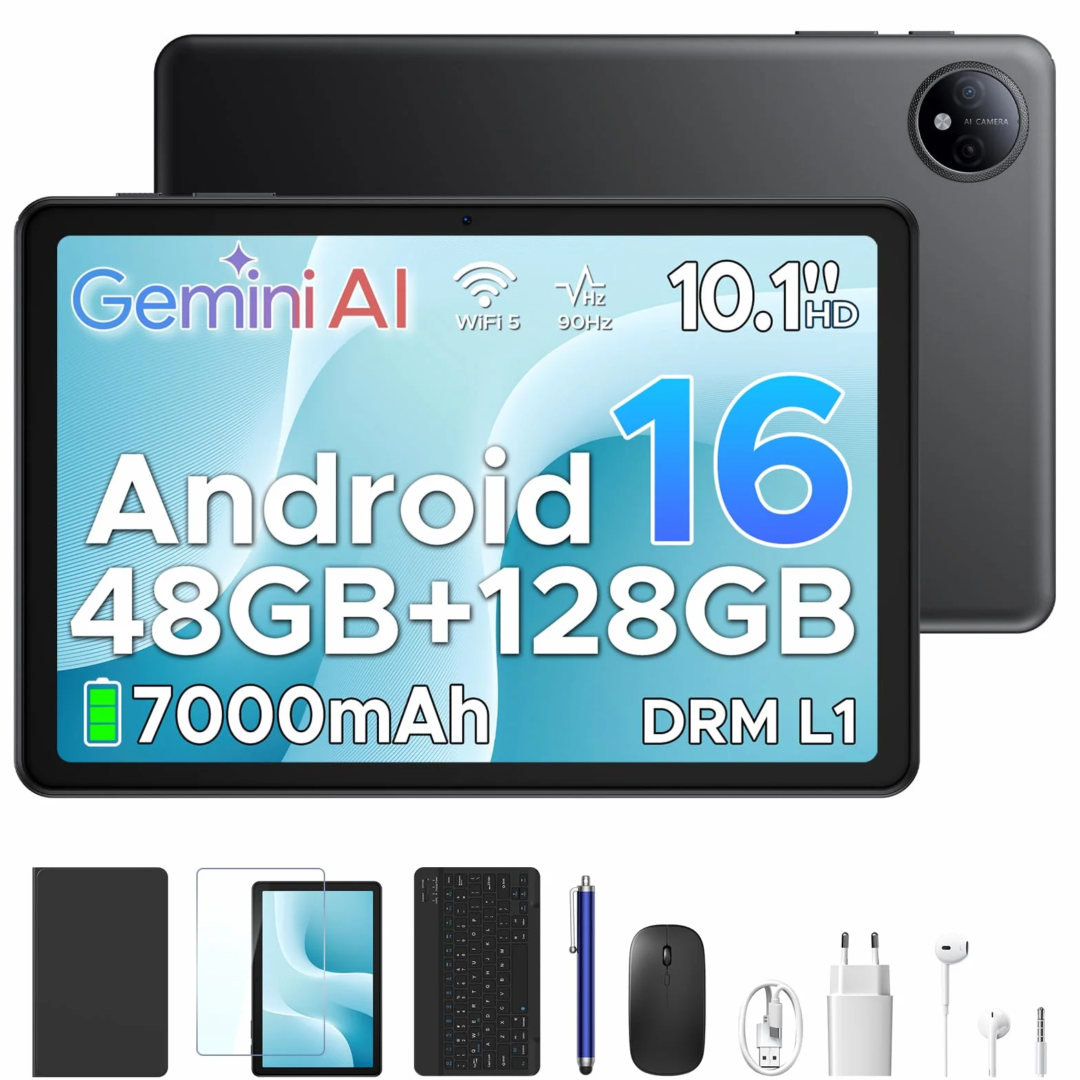 Tablette Android 16 10 Pouces 48Go RAM 128Go ROM 2To TF Gemini AI 90Hz 7000mAh WiFi 5 Face ID OTG Widevine L1 Jack 3,5mm Clavier Stylet