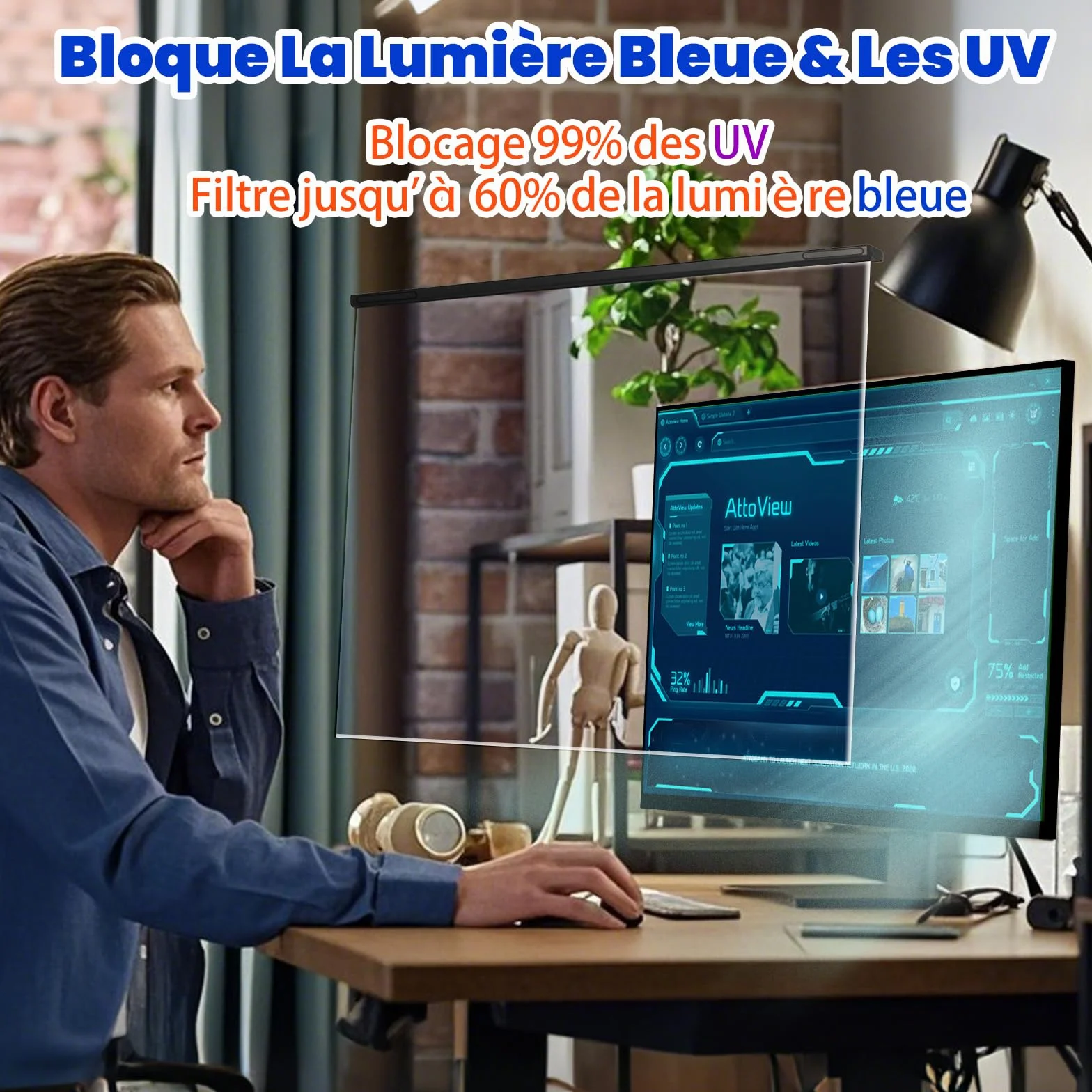Filtre d'Écran Anti-Lumière Bleue 24 Pouces 16:9 Protection Anti-UV Anti-Reflet Anti-Éblouissement 54,3 x 33,1 cm