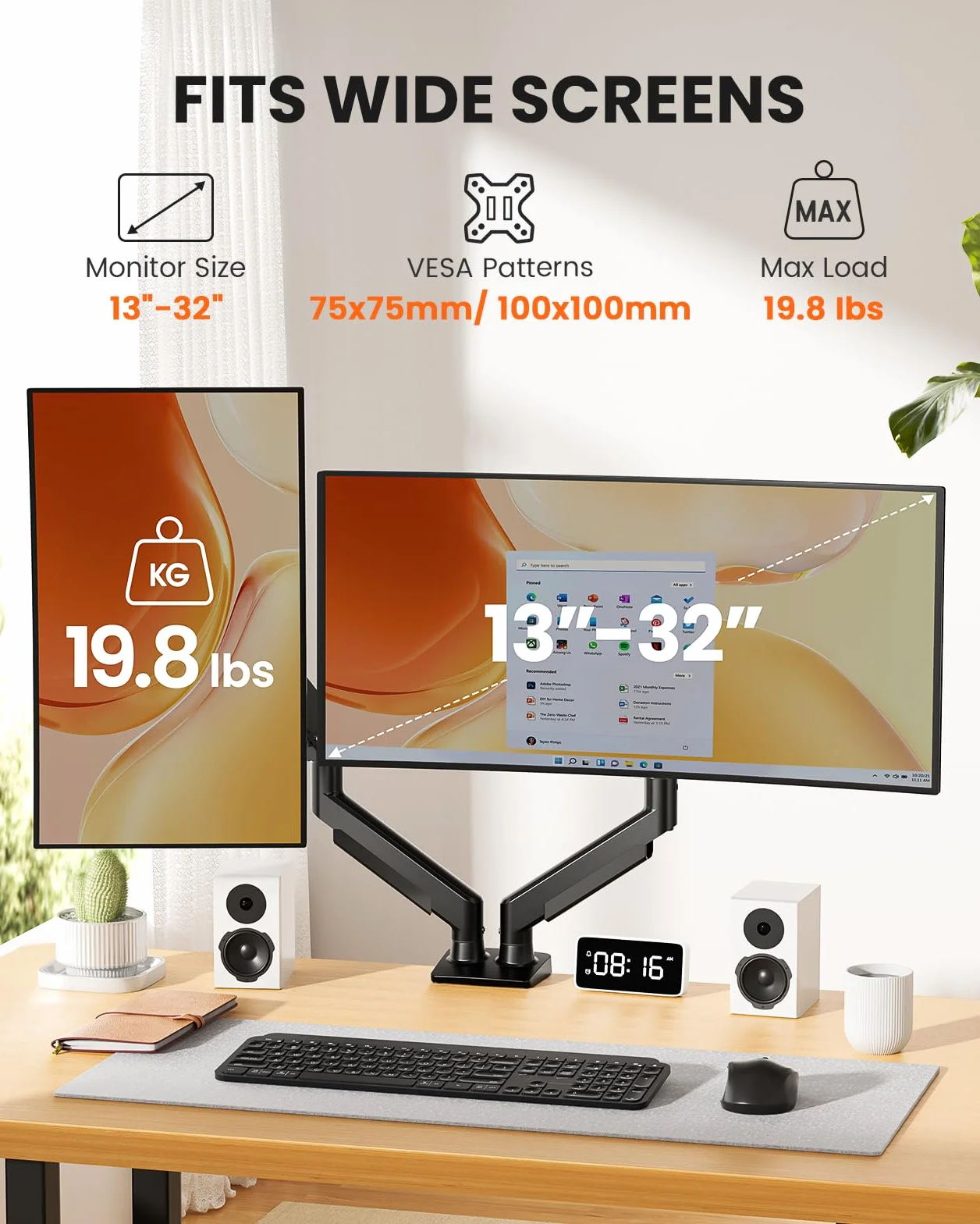ErGear Support Double Écran PC 13-32 Pouces VESA 100x100mm 9kg