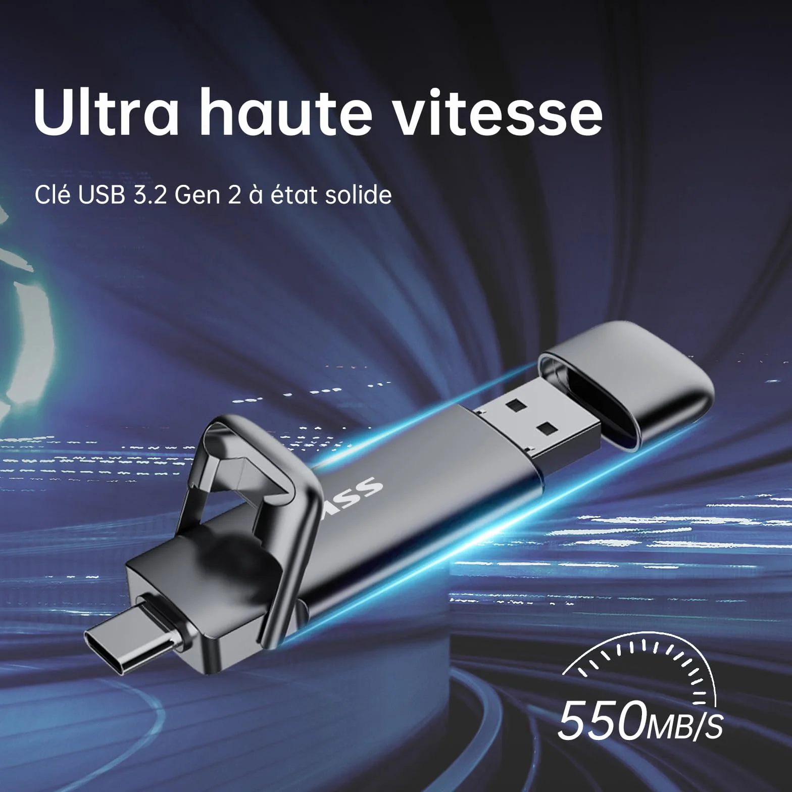 SSK SSD Externe 128 Go Disque Portable USB 3.2 Gen 2 550 Mo/s 2 en 1 OTG Clé USB A & Type C