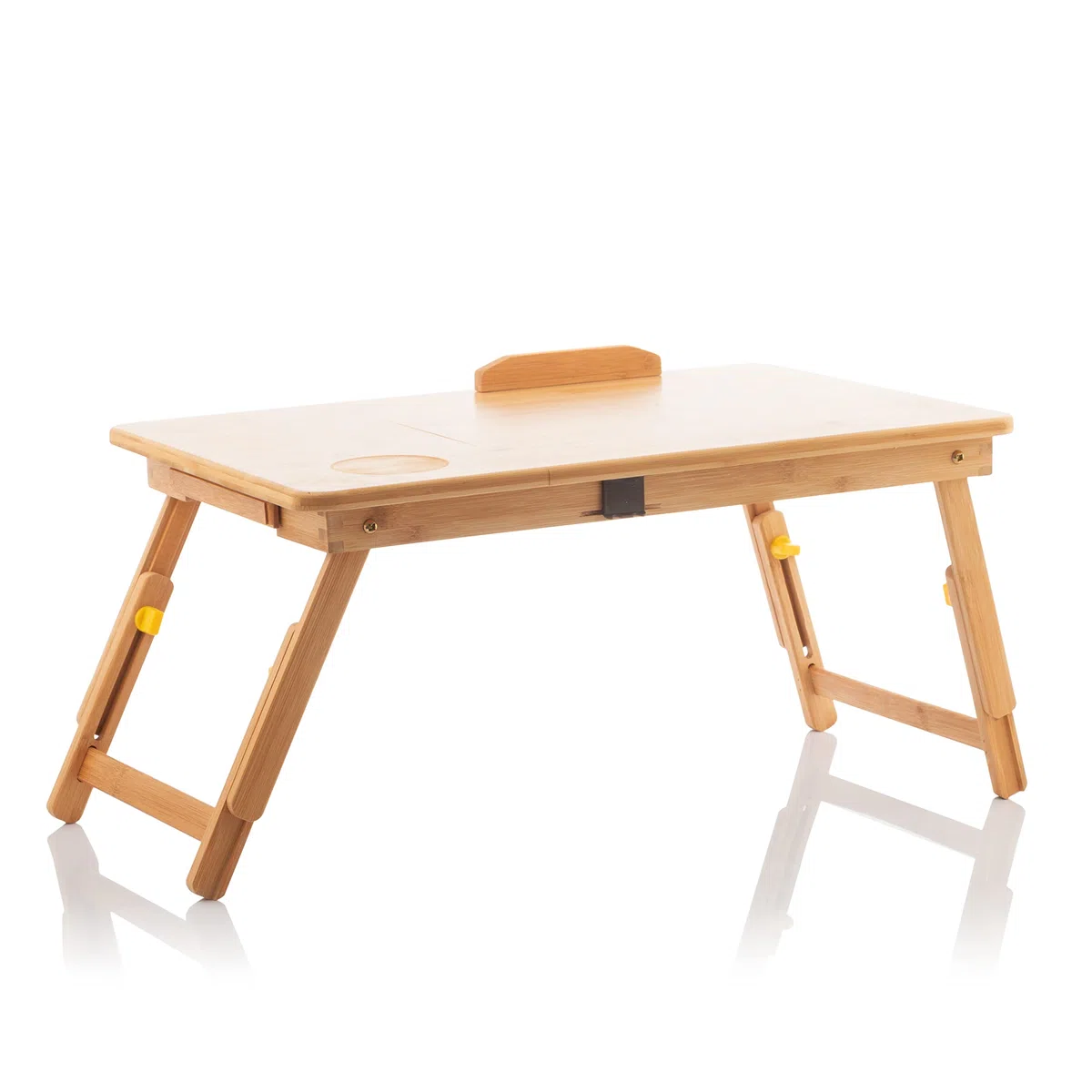 InnovaGoods Table Pliante d'Appoint en Bambou Lapwood avec Tiroir et Repose-Verre, Hauteur Réglable 21-27cm, Beige, 53,5 x 21-27 x 34 cm