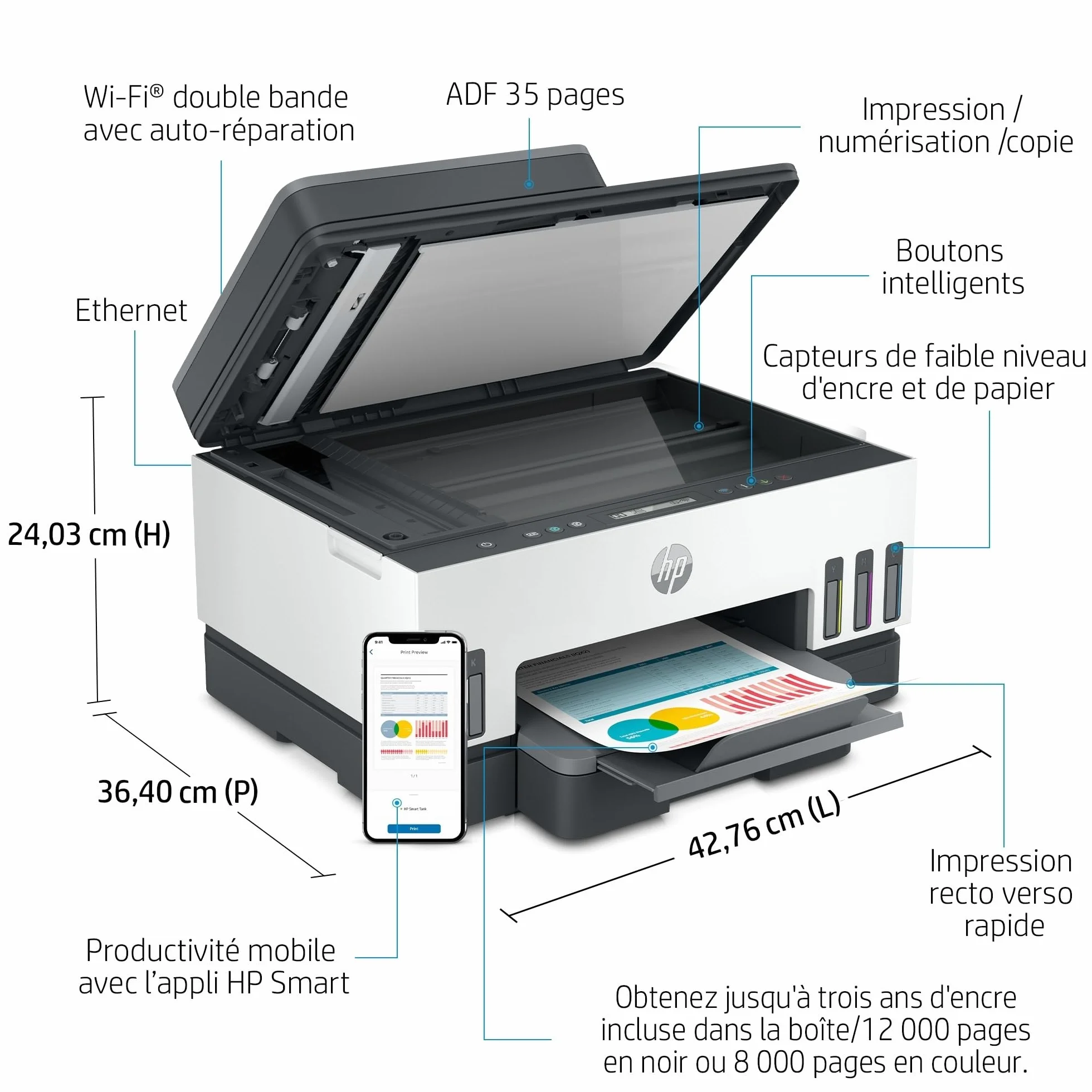 HP Smart Tank 7305 Imprimante Multifonction Couleur Réservoir d'encre Haut Volume Wi-Fi Recto Verso Automatique Grise