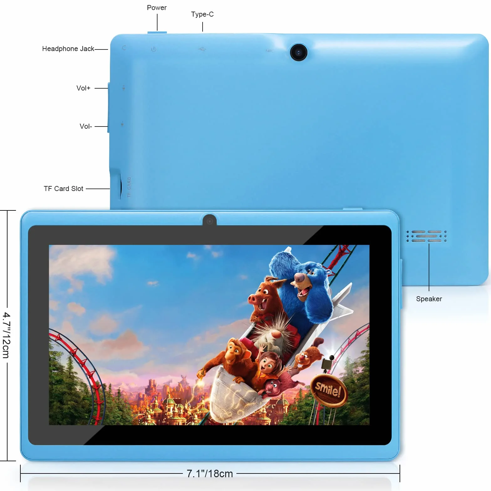 Tablette 7 Pouces Android 5.0 Quad Core 1Go RAM 8Go ROM Double Caméras WiFi Bluetooth Bleu Ciel